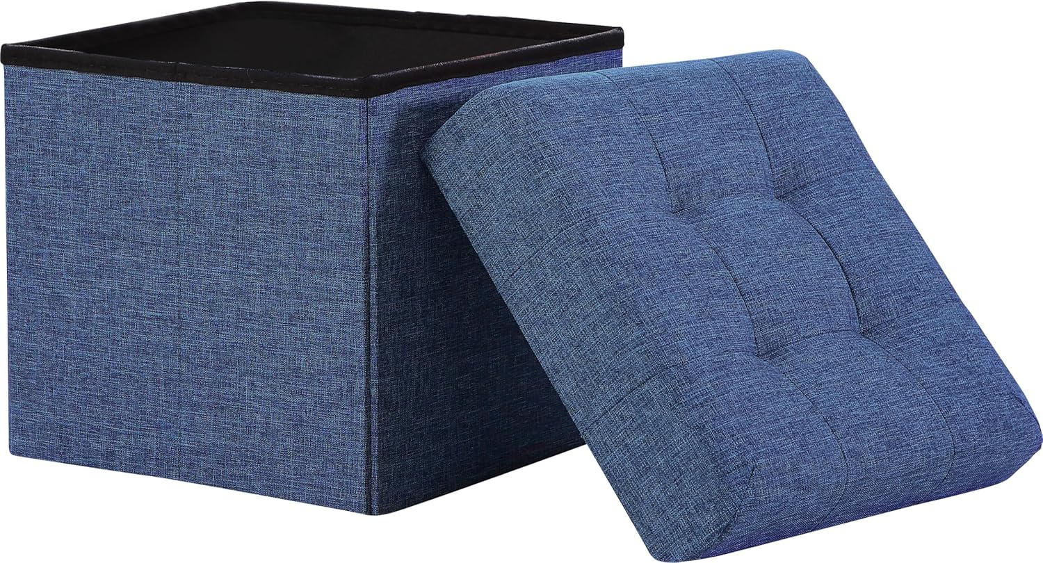 Ornavo Home Foldable Tufted Linen Storage Ottoman Cube Foot Rest Stool Seat - 15" x 15" (Navy Blue)