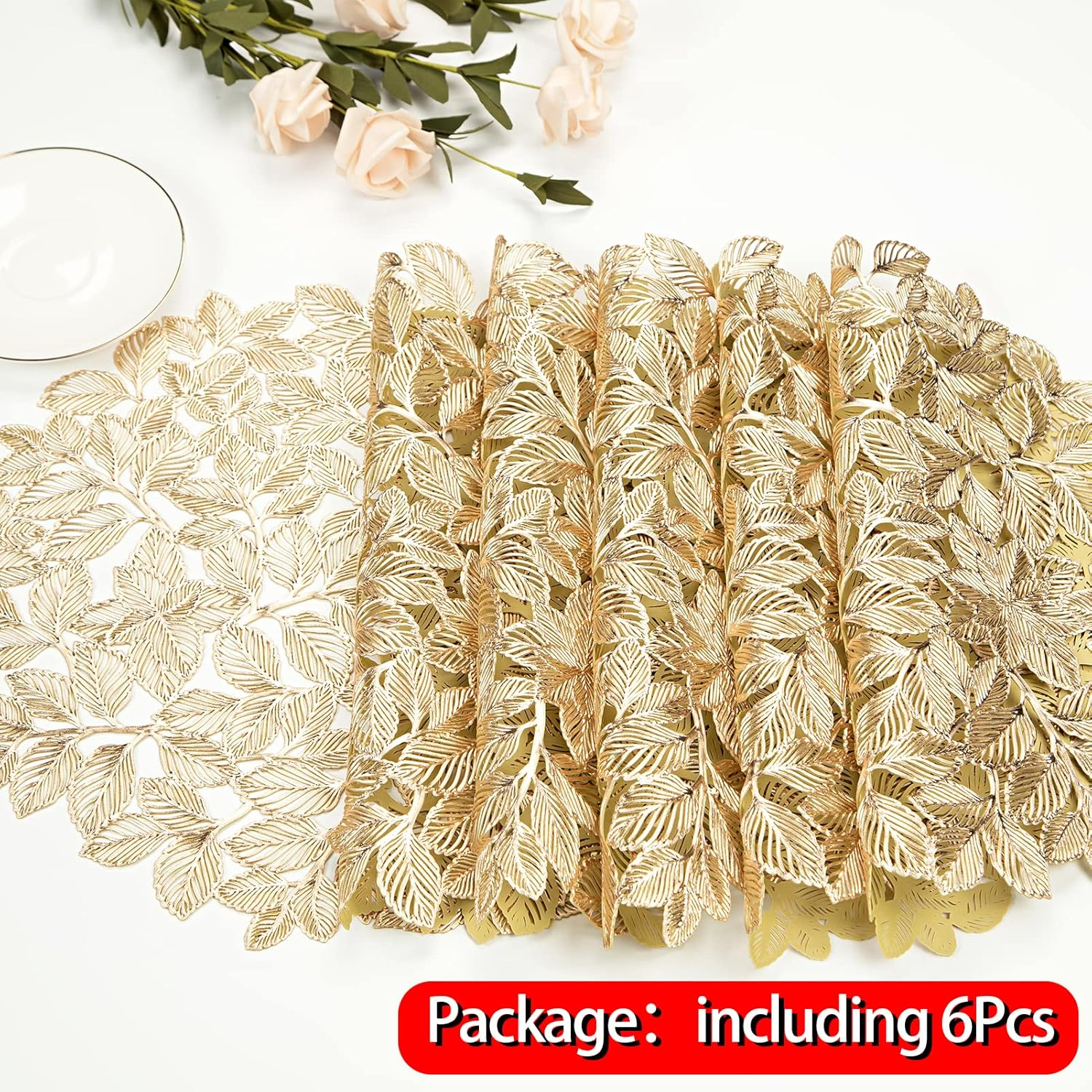 Metallic Placemats Set of 6 Gold Leaf Round Placemats Non-Slip Wipeable Table Mats for Dinner,Party,Wedding Accent Centerpiece