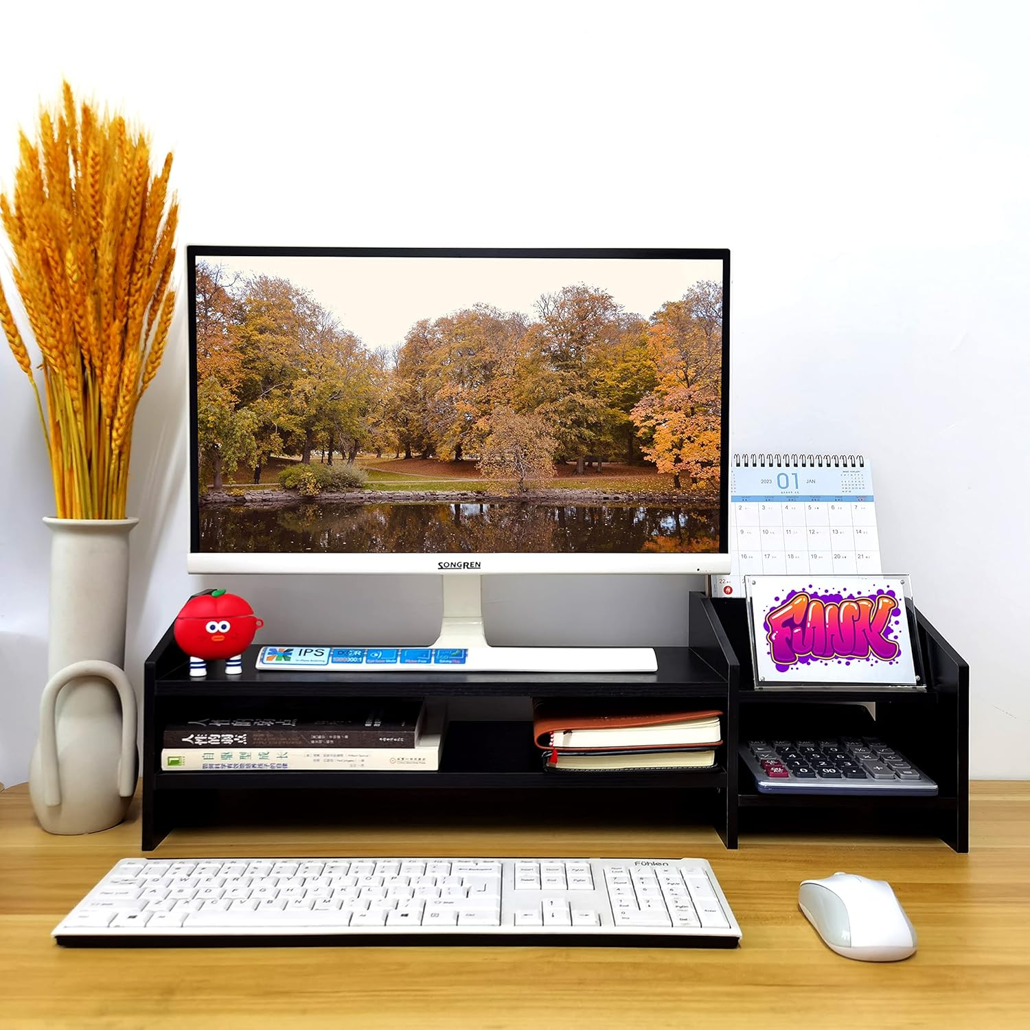 Computer Monitor Riser, 2 Tier Wooden Stand With Two Layer Storage Rack, Black Desktop Organizer for PC/Laptop, Home & Office