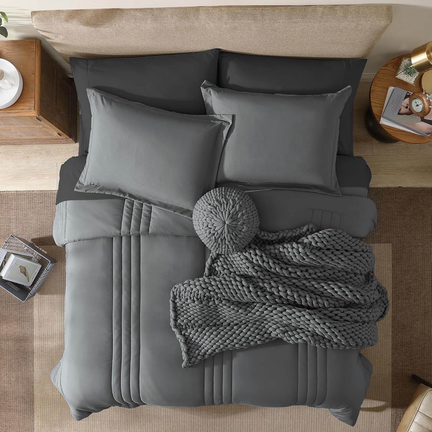 Monbix Queen Comforter Set - 7 Pieces Grey Bed in a Bag Queen Bedding Sets with Comforters, All Seasons Down Alternative Comforter Bed Set with Sheets,Pillowcases & Shams
