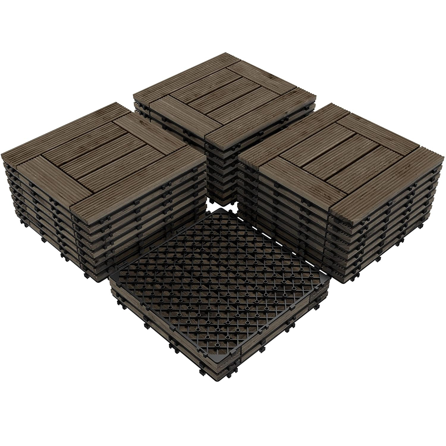 Topeakmart 27PCS Patio Deck Tiles Interlocking Wood Decking Floor Tiles 12 x 12in Black for Outdoor & Indoor Patio Garden Deck Poolside
