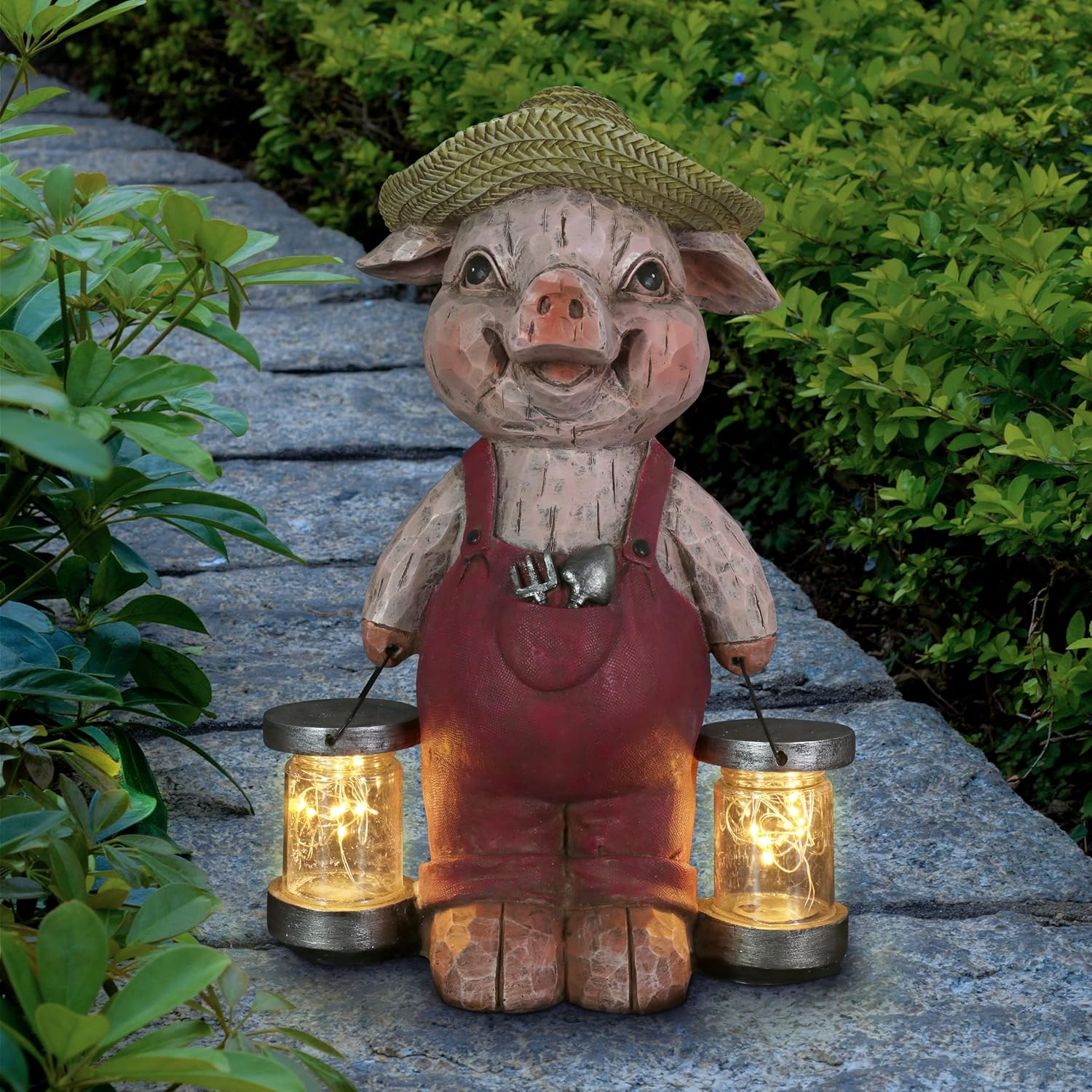 Rustic Farmhouse Pig Garden Statue with Solar LED Lights