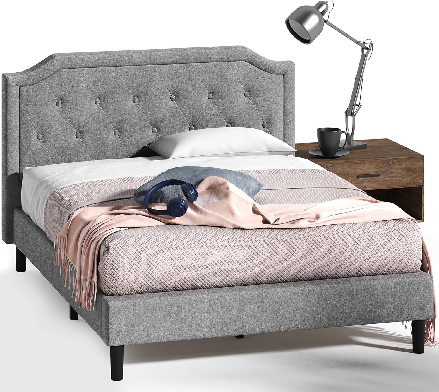 Queen-Sized Scalloped Edge Upholstered Platform Bed with Tufted Headboard