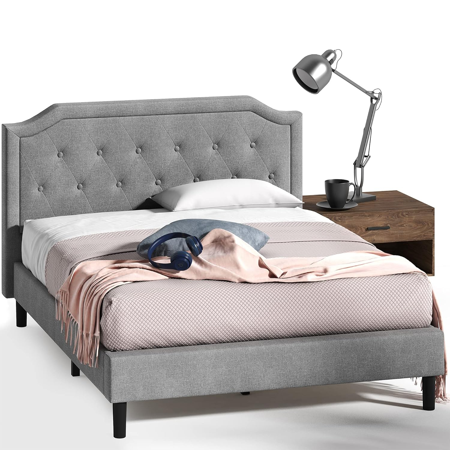 Queen-Sized Scalloped Edge Upholstered Platform Bed with Tufted Headboard