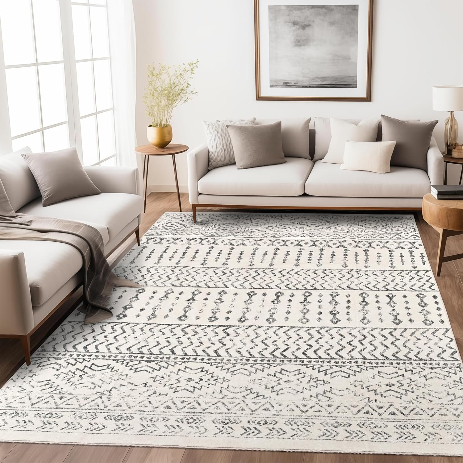 Art&Tuft Area Rug 5x7, Super Soft Ultra-Thin Moroccan Washable, Anti-Slip Backing Rugs for Living Room, Foldable Geometric Machine Washable (5'x7', Ivory)