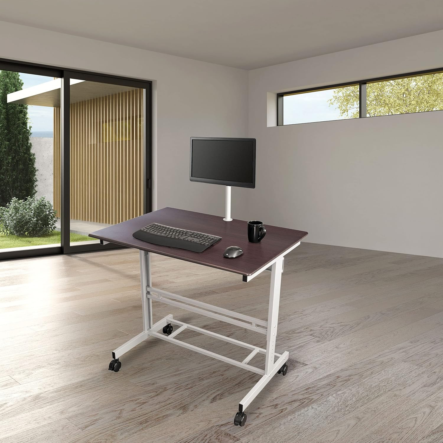 Stand Up Desk Store Rolling Adjustable Height Mobile Standing Desk with Monitor Mount (Silver Frame/Dark Walnut Top, 40" Wide)