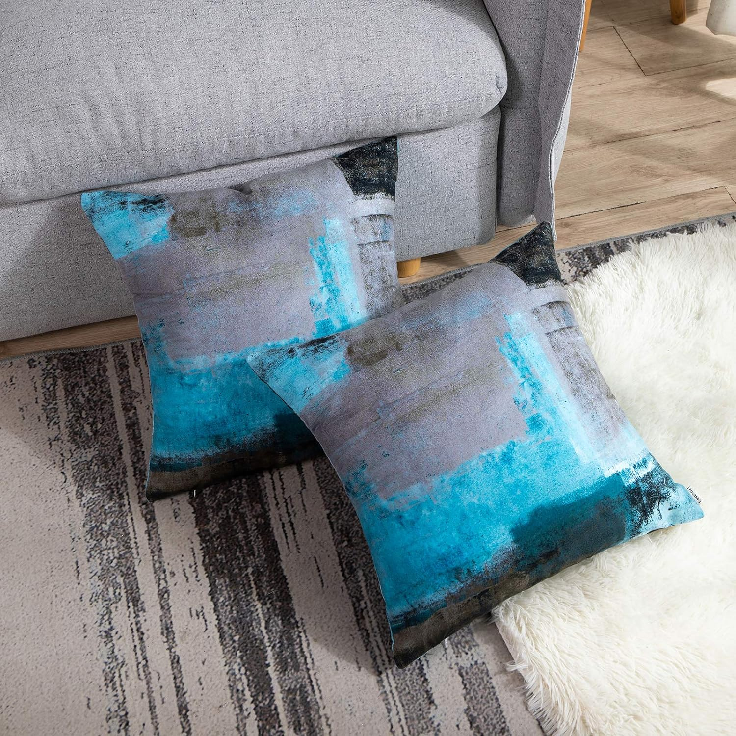 Britimes Throw Pillow Covers Modern Home Art Decor, 18 x 18 Inches Set of 2 Pillow Cases Decorative, Abstract Oil Painting Pillowcases for Bedroom, Living Room, Cushion Couch Sofa, Teal Grey