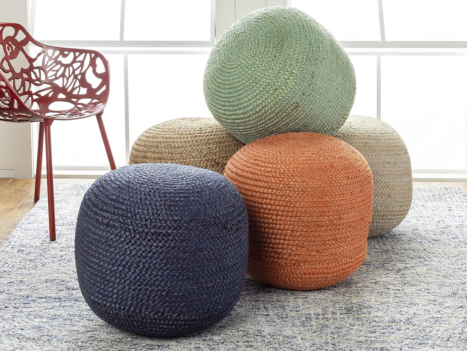 Livabliss Aqua Braided Jute Round Pouf, 19.75"W x 16"H