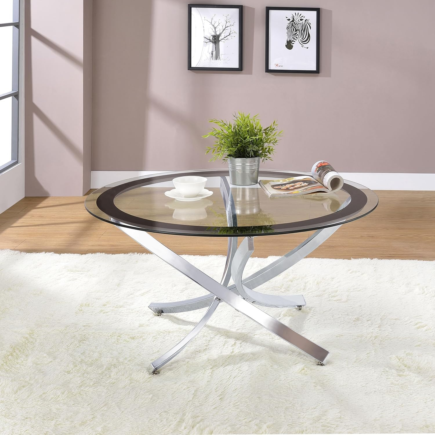 Coaster Contemporary Round Glass Top Coffee Table with Curved Base in Chrome