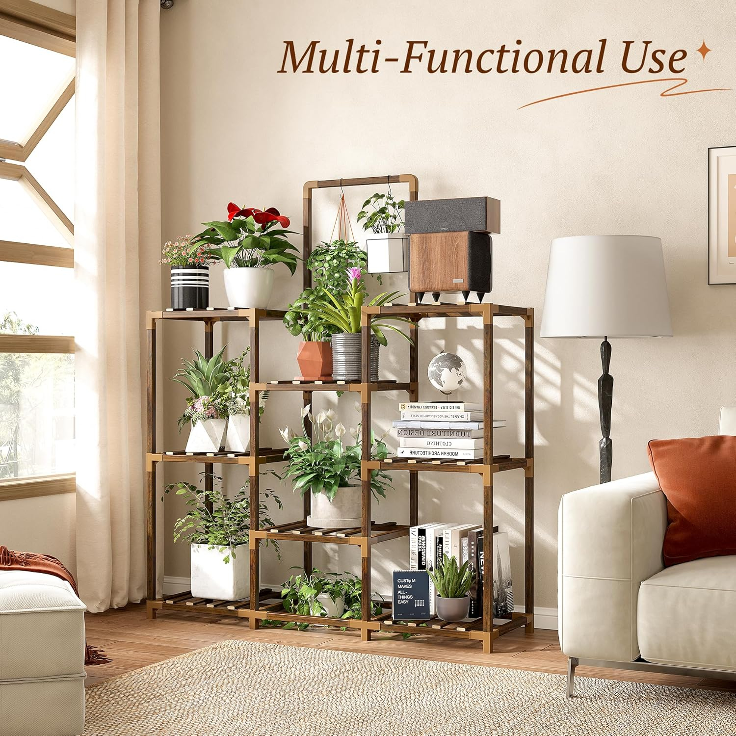 EnHomee Plant Stand Indoor Large Plant Stand Outdoor 5 Tiers Wood Tiered Plants Shelf for Multiple Plants with 10-15 Potted 34.3" W x 11.8" D x 47.2" H