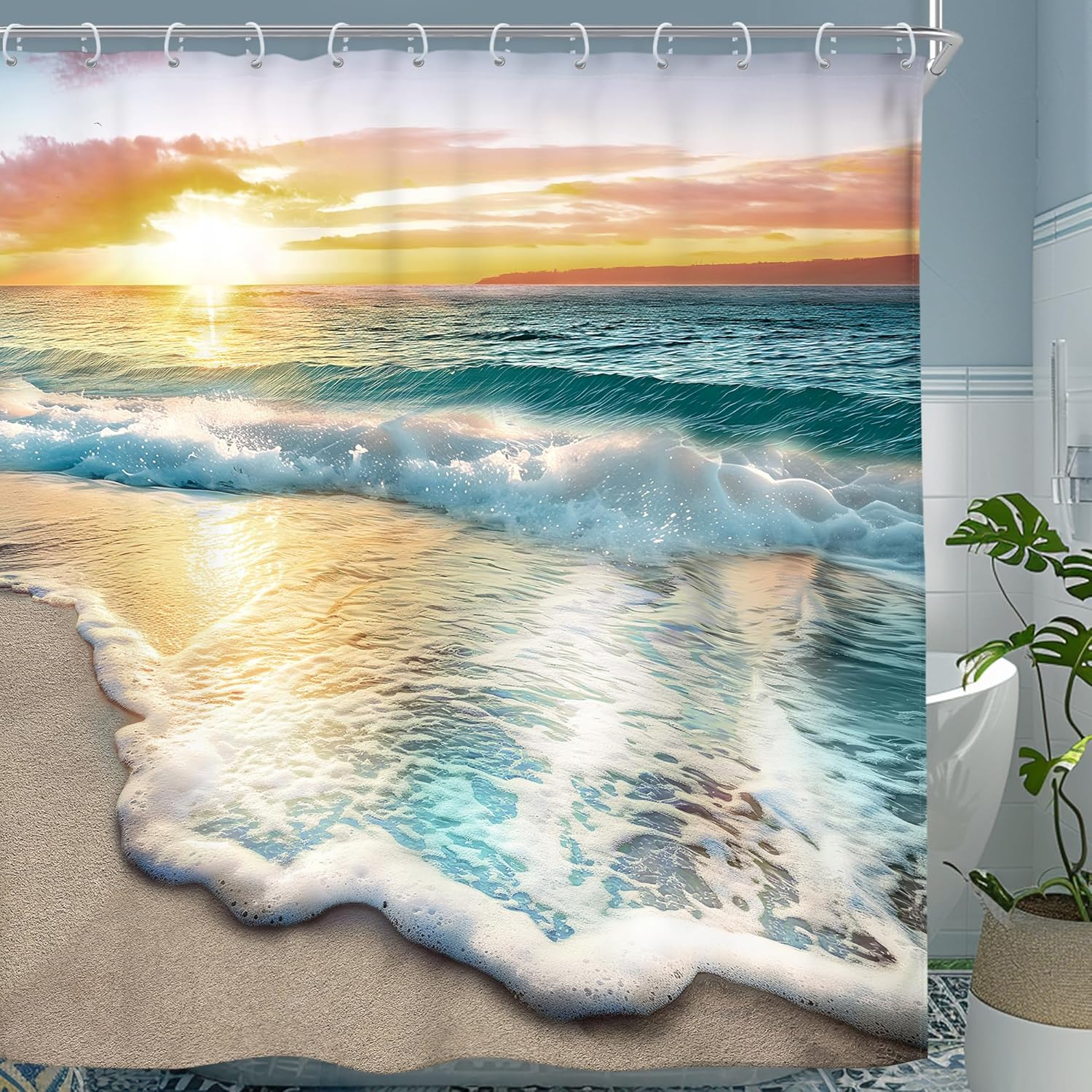 Riyidecor Beach Ocean Themed Shower Curtain Sets for Bathroom, Sunrise Sunset View Scene 71x71 Inch Hawaii Seashore Summer Coastal Seaside Seascape Cloth Fabric Decorative 12 Hooks Waterproof BB-JWXP