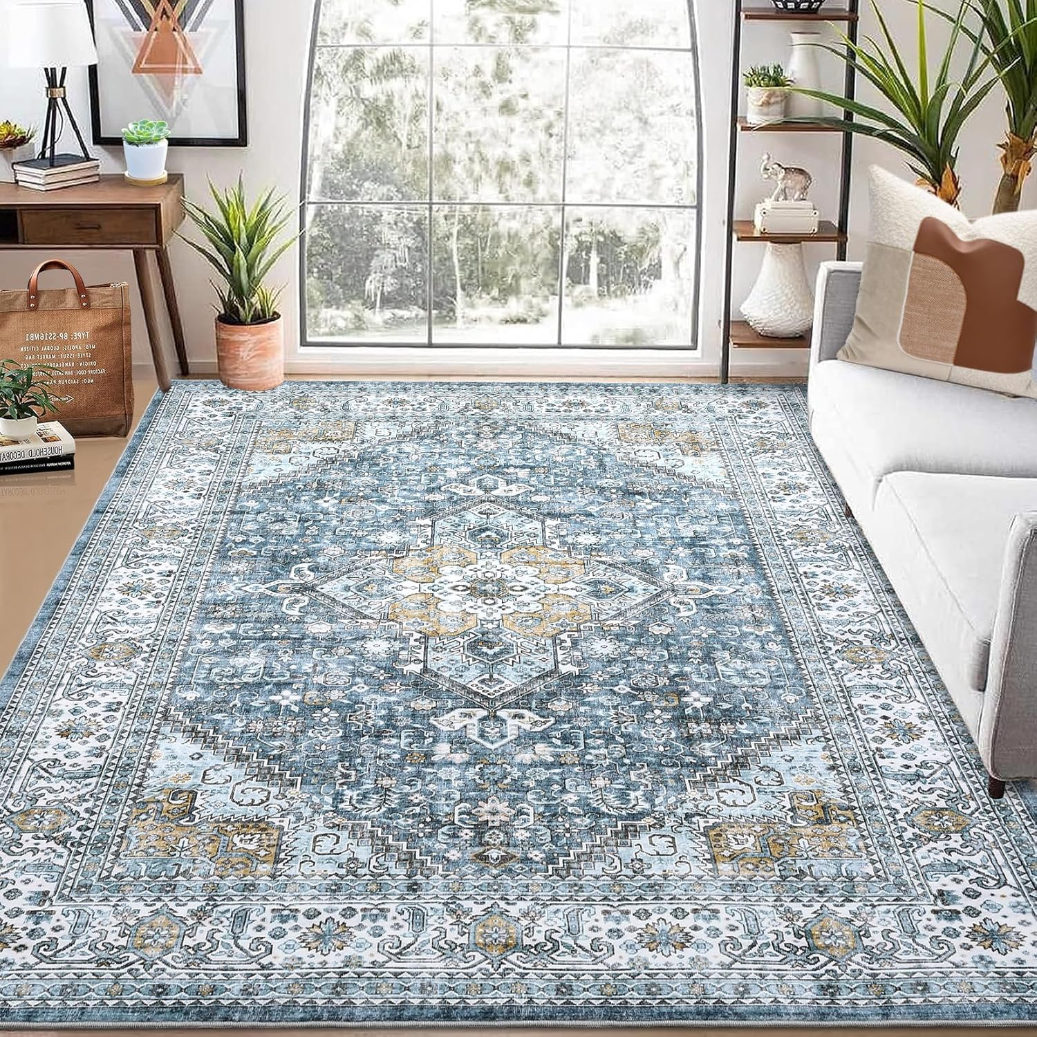 Garvee 9x12 Area Rug Large Vintage Distressed Rug Medallion Floral Print Rug Machine Washable Area Rugs for Living Room Bedroom Non-Slip Low Pile Accent Rug, Blue