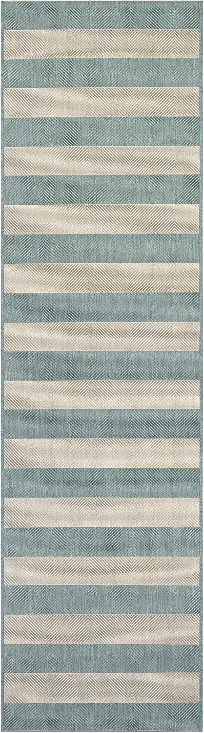 Couristan Afuera Yacht Club 2'2" x 7'10" Sea Mist Green and Ivory Stripe Outdoor Runner Rug