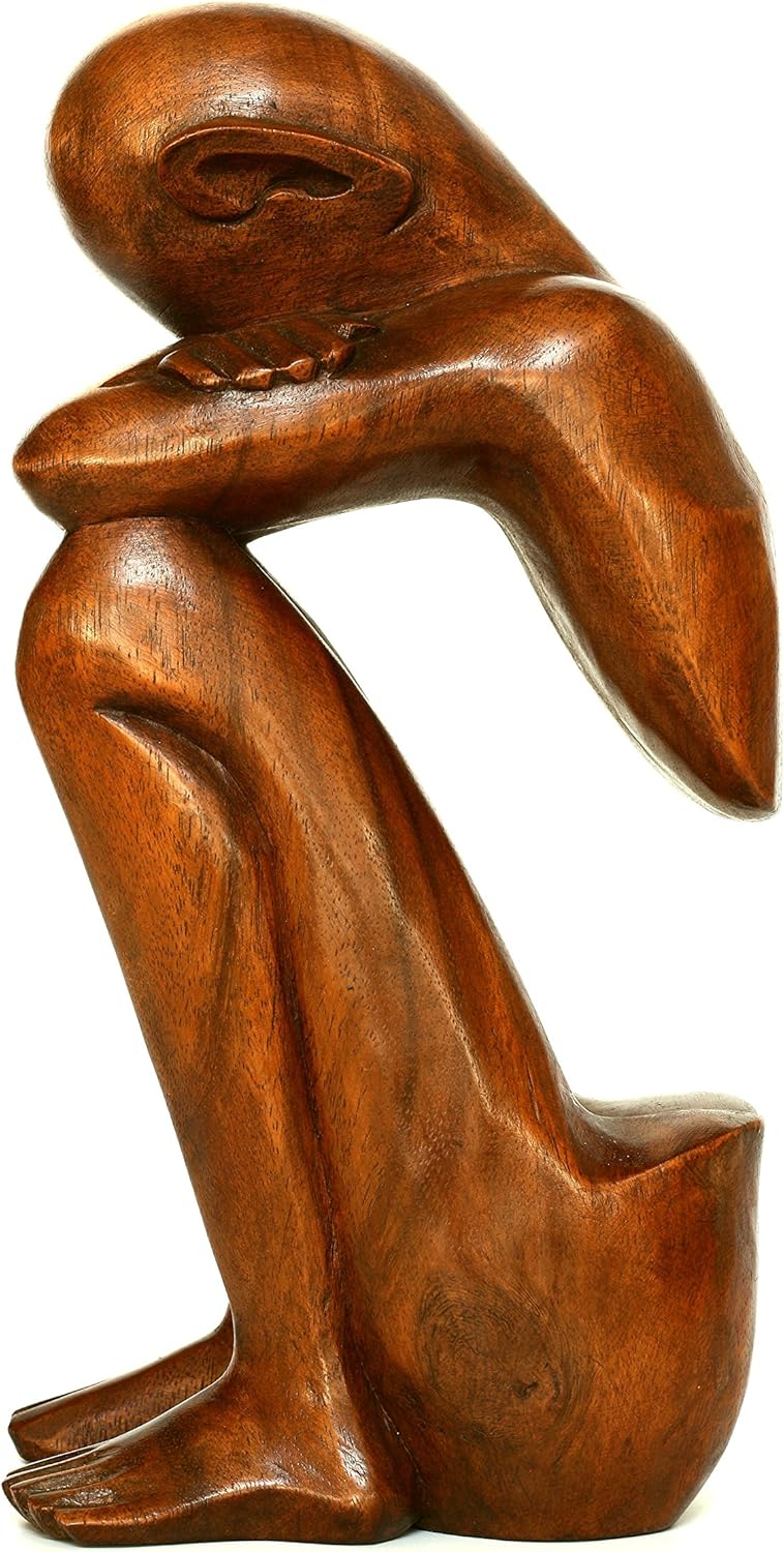 12" Handcrafted Suar Wood Resting Man Abstract Sculpture