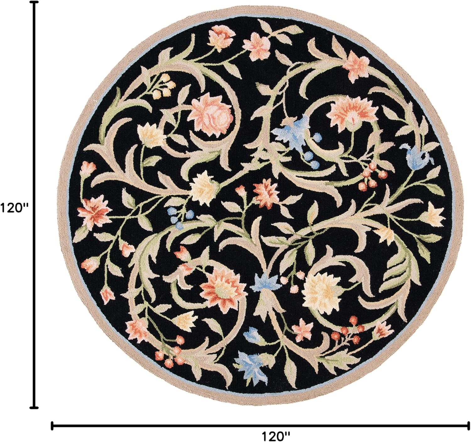 Handmade Round Floral Black and Ivory Wool Rug
