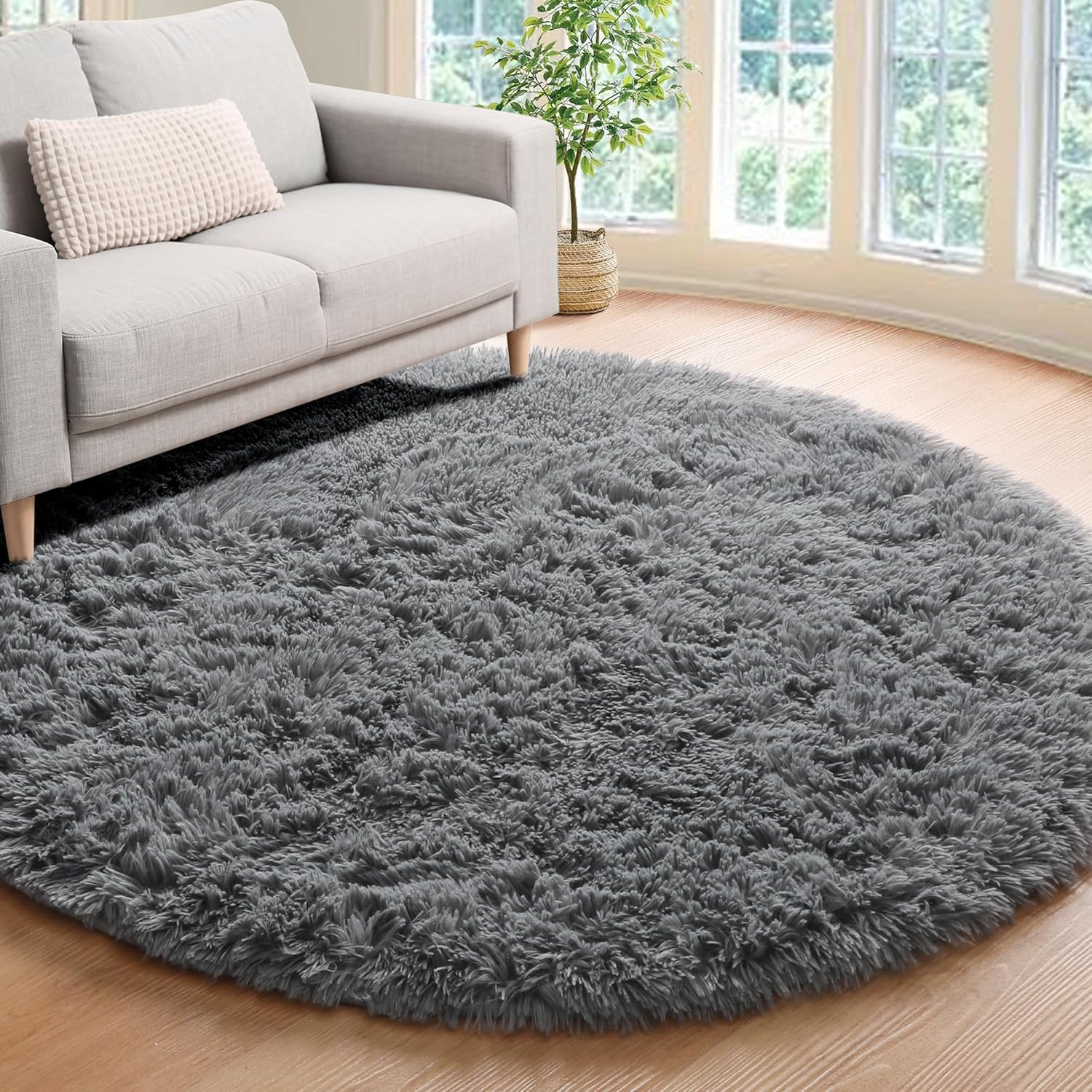 ONASAR Grey Round Area Rug 4ft, Gray Soft Bedroom Circle Throw Rugs for Kids Girls Boys Teen Dorm Room, Fluffy Plush Shaggy Carpet Mats for Nursery Living Room Playroom Home Office Decor Aesthetic