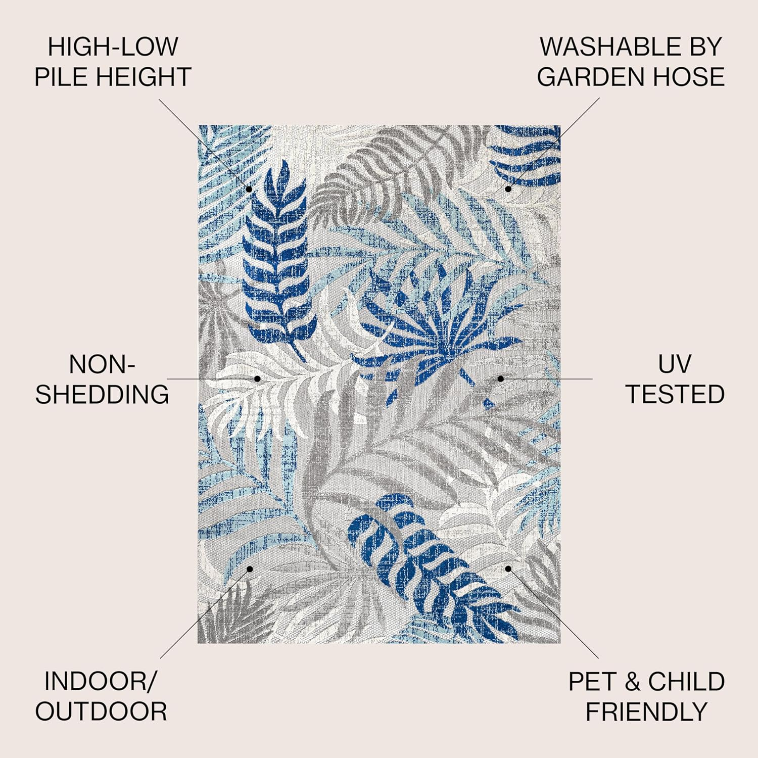 Gray and Blue Synthetic Palm Leaves 9' x 12' Area Rug