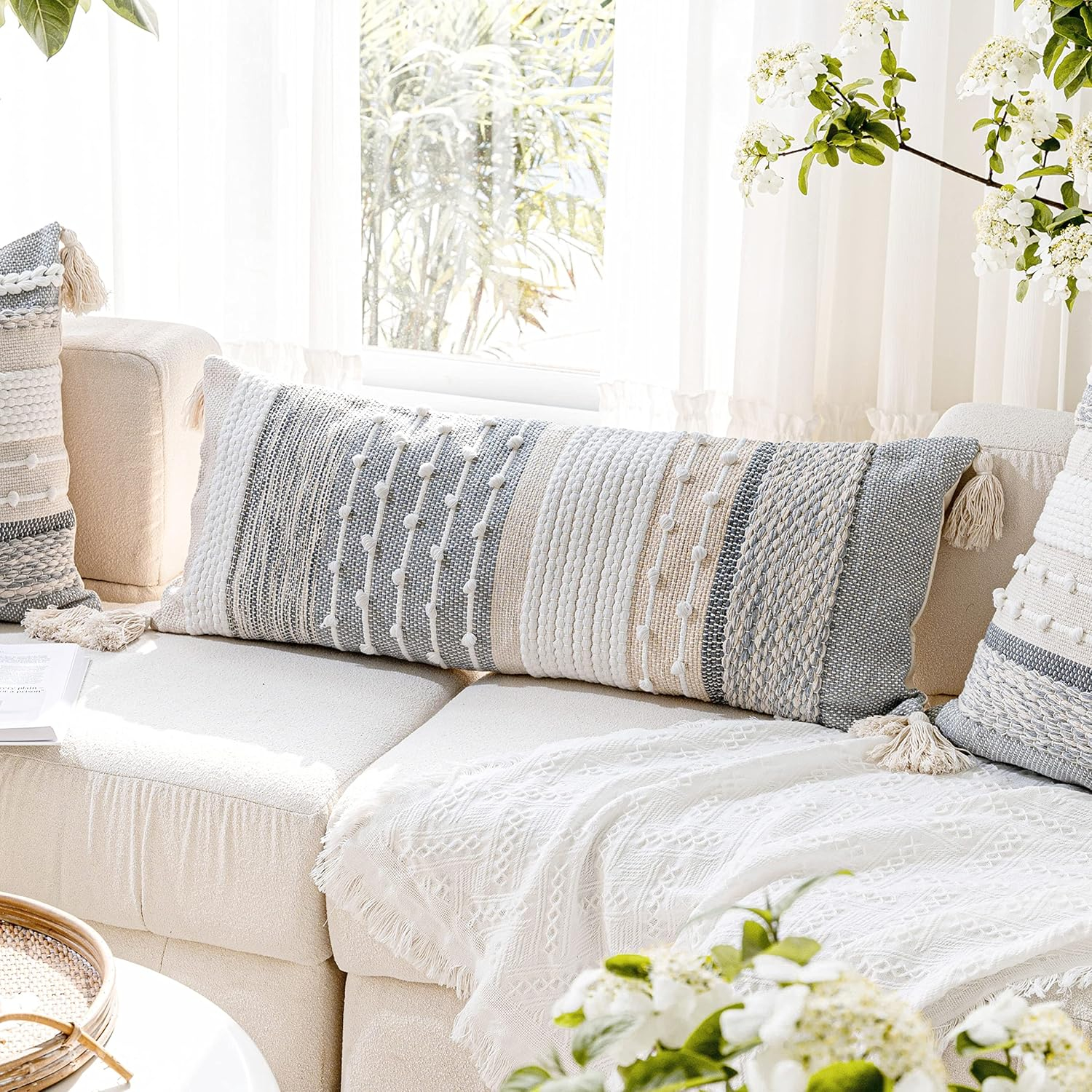 Gray Boho Lumbar Throw Pillow Cover 14x36 Grey Accent Long Body Lumbar Pillow for Bed Decorative Modern Bohemian Woven Textured Lumbar Pillow for Bed Cover ONLY