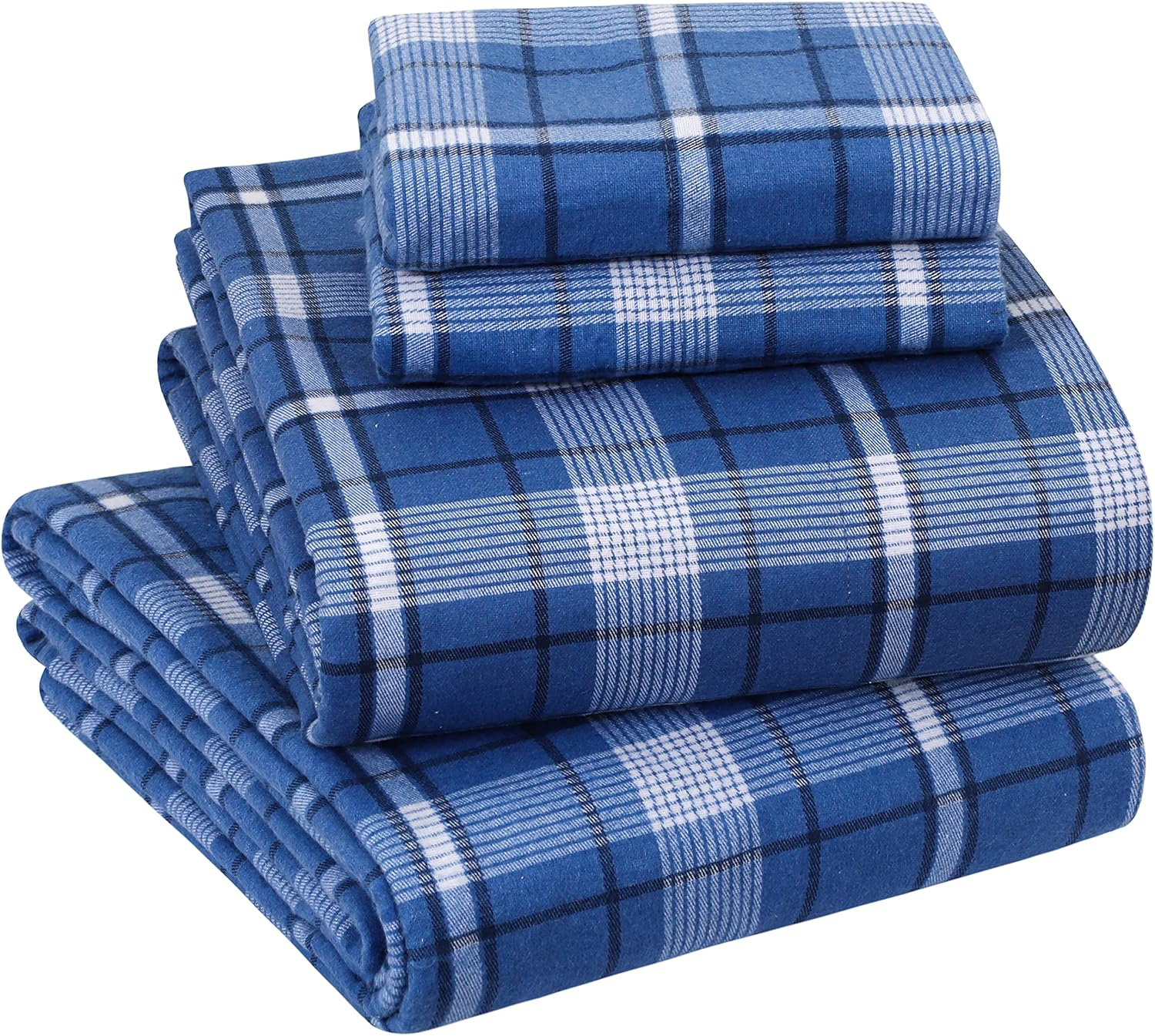 Queen Dark Blue Plaid Cotton Flannel Sheet Set