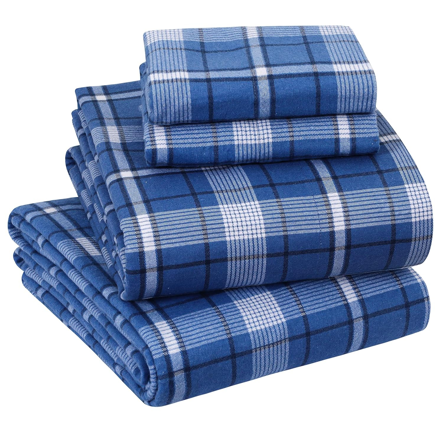 Sleepdown 100% Cotton Flannel Sheets Queen Size Bed Sheets Set with Deep Pockets, Brushed Flannel with Elastic Fitted Sheet Set, Soft & Cozy Sheets 4 Piece Bedding and Pillowcase set, Dark Blue Plaid