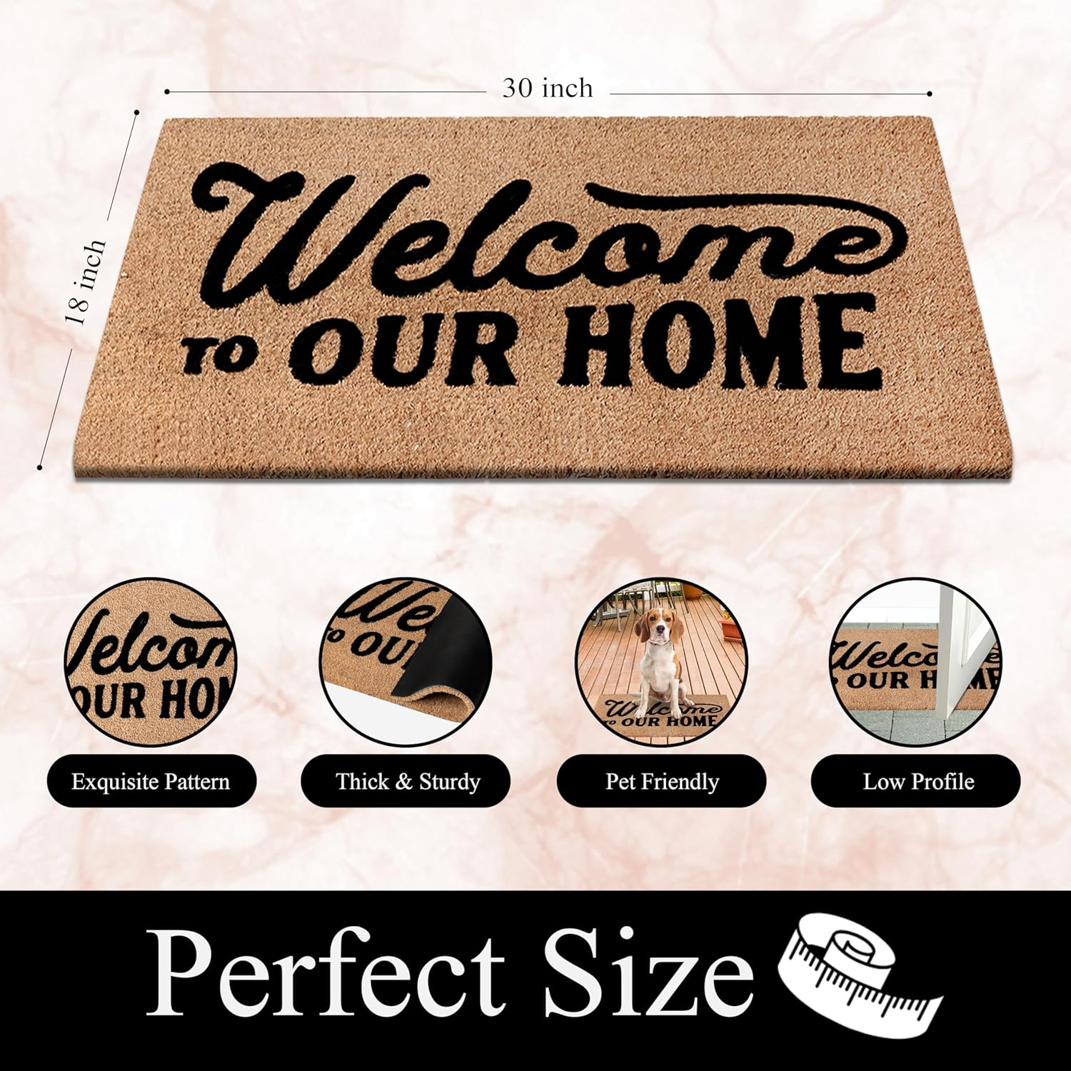 A1HC Natural Coir Flocked Doormat with Heavy Duty Non-Slip PVC Backing Easy to Clean, Fade Resistant, Pet Friendly Outdoor Welcome Mat, Low-Profile Durable Doormat 18"X30"