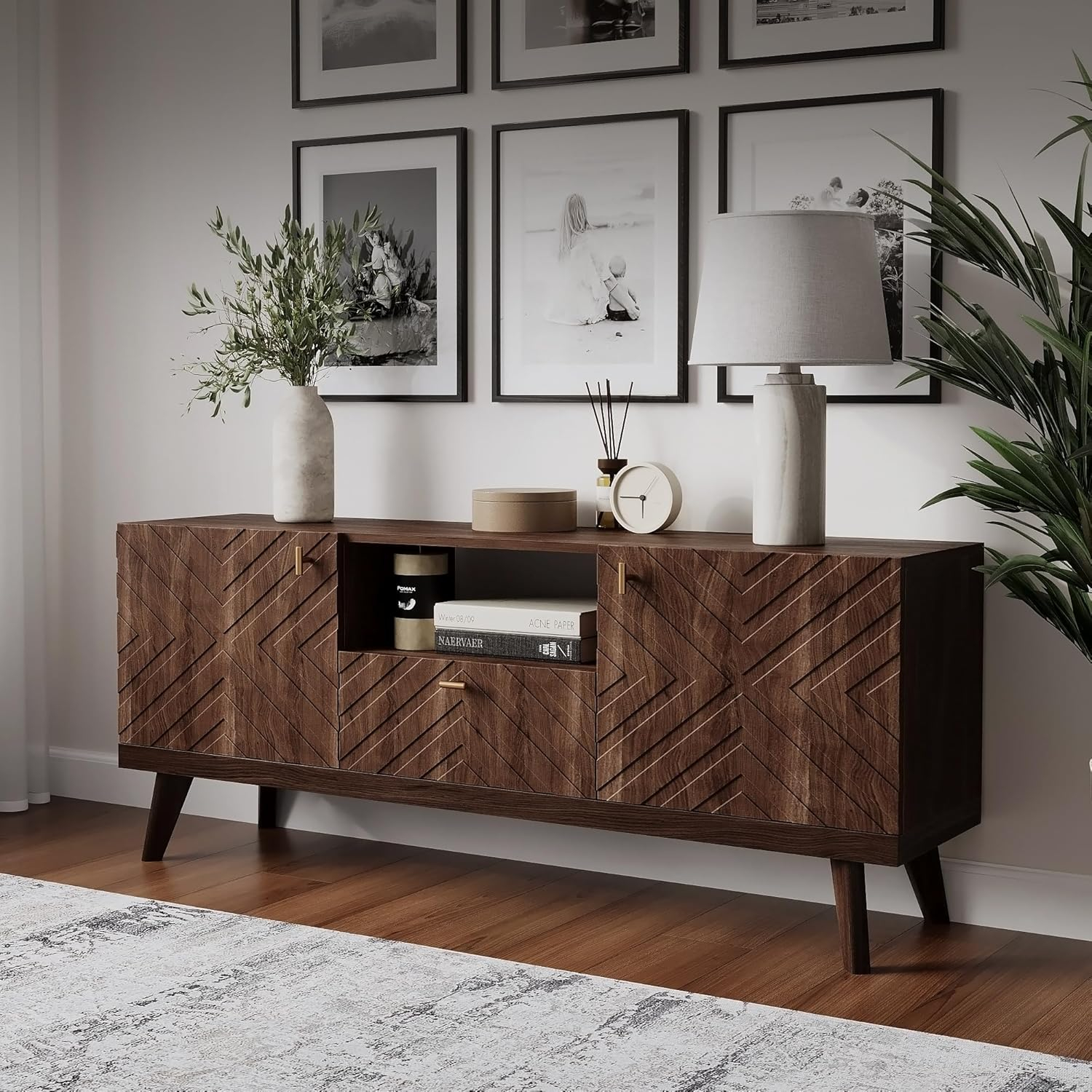 Living Skog  Alba Beige TV Stand Console with Drawer Fits TV's up to 65 in. with Wood Legs Mid Century Modern Design Beige Laminate Up to 240 lbs