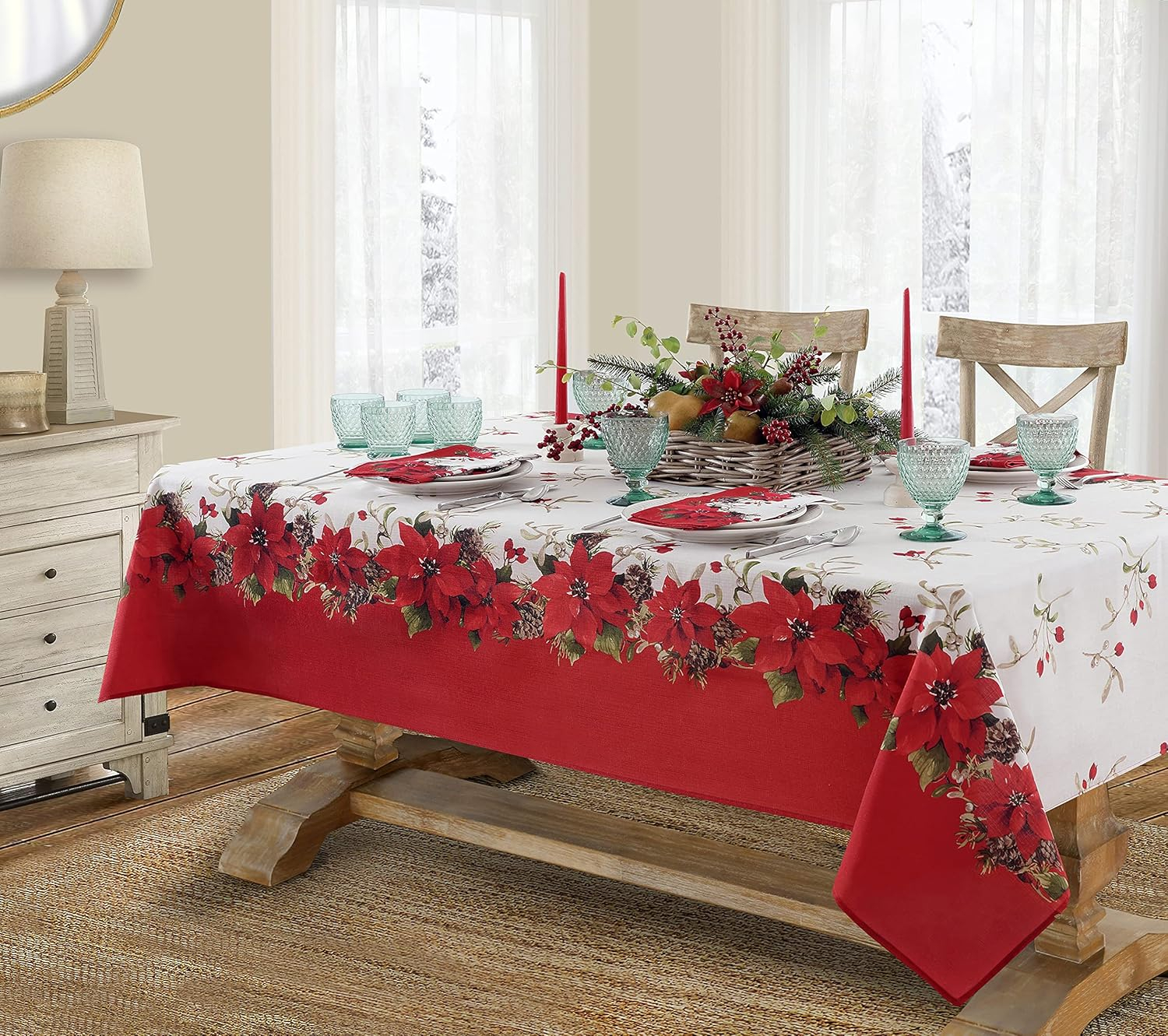 Newbridge Christmas Blooming Poinsettia’s Double Bordered 52 x 52 inch Square Fabric Tablecloth, Holiday Red and White Poinsettia Dining Table Cover