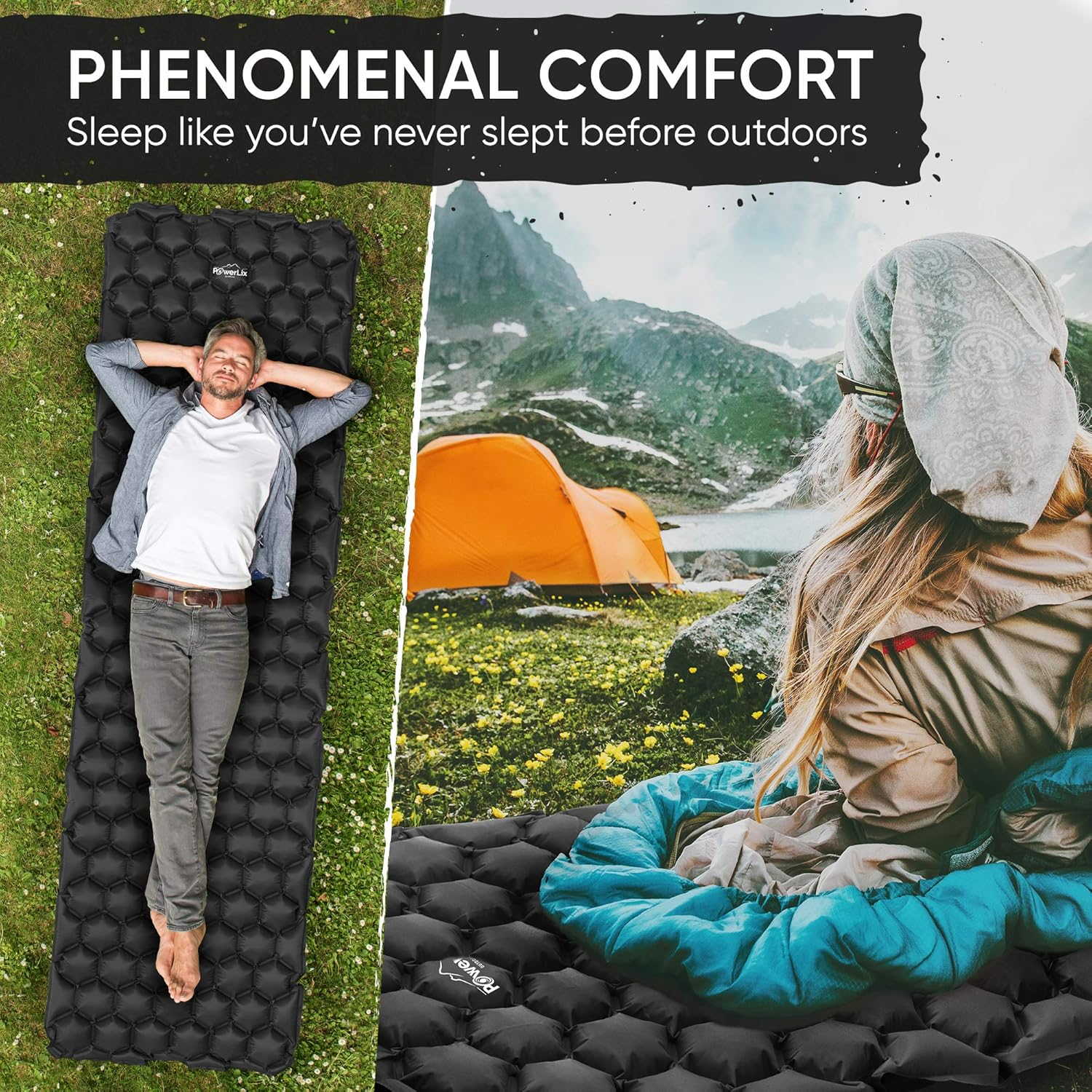 POWERLIX Ultralight Inflatable Camping Sleeping Pad - Camping Mattress for Backpacking, Hiking, Compact Lightweight Sleeping Mat for Camping, Inflation Bag/Repair Kit Included