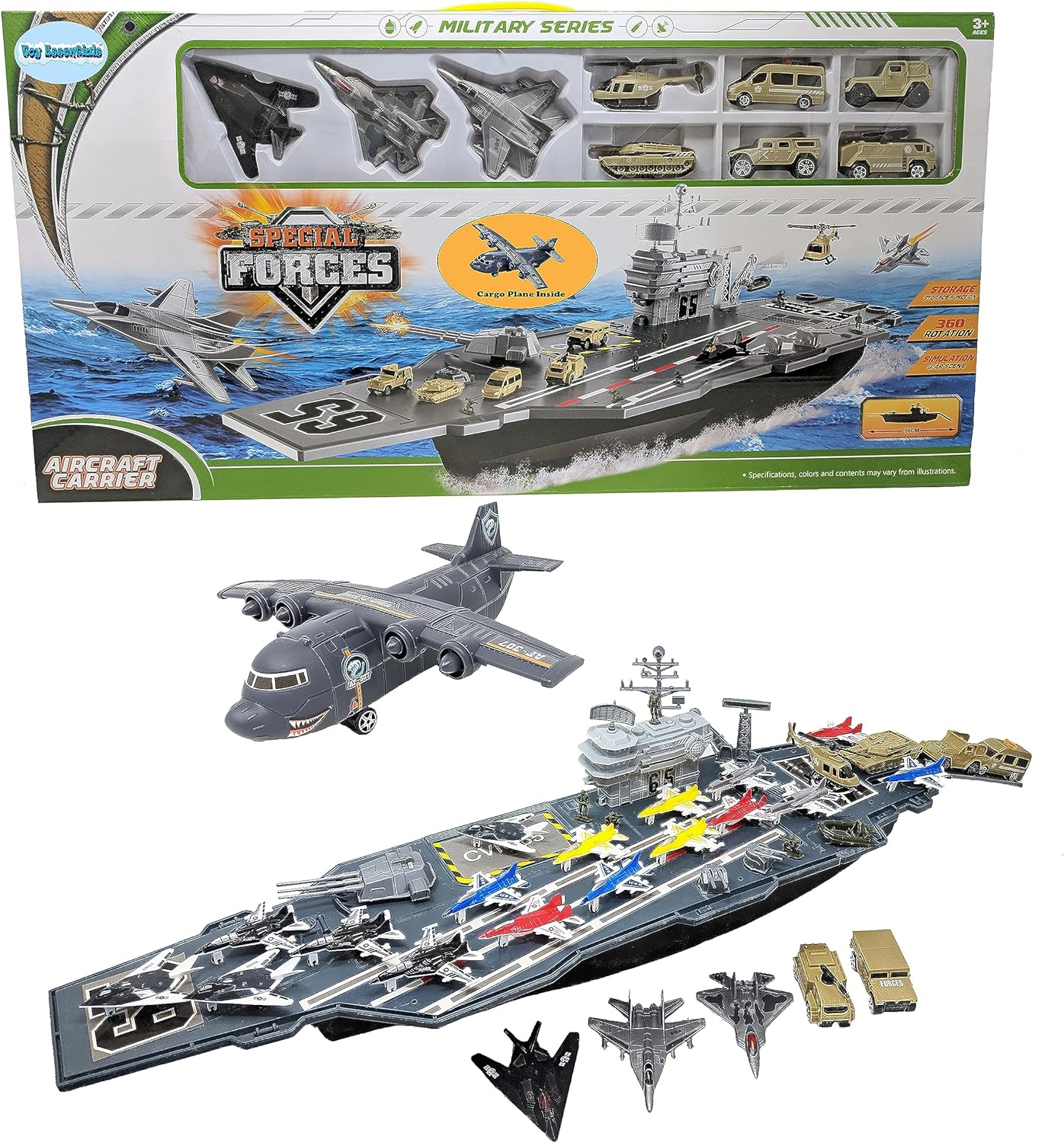 33-Inch Black Aircraft Carrier Toy with Assorted Military Vehicles