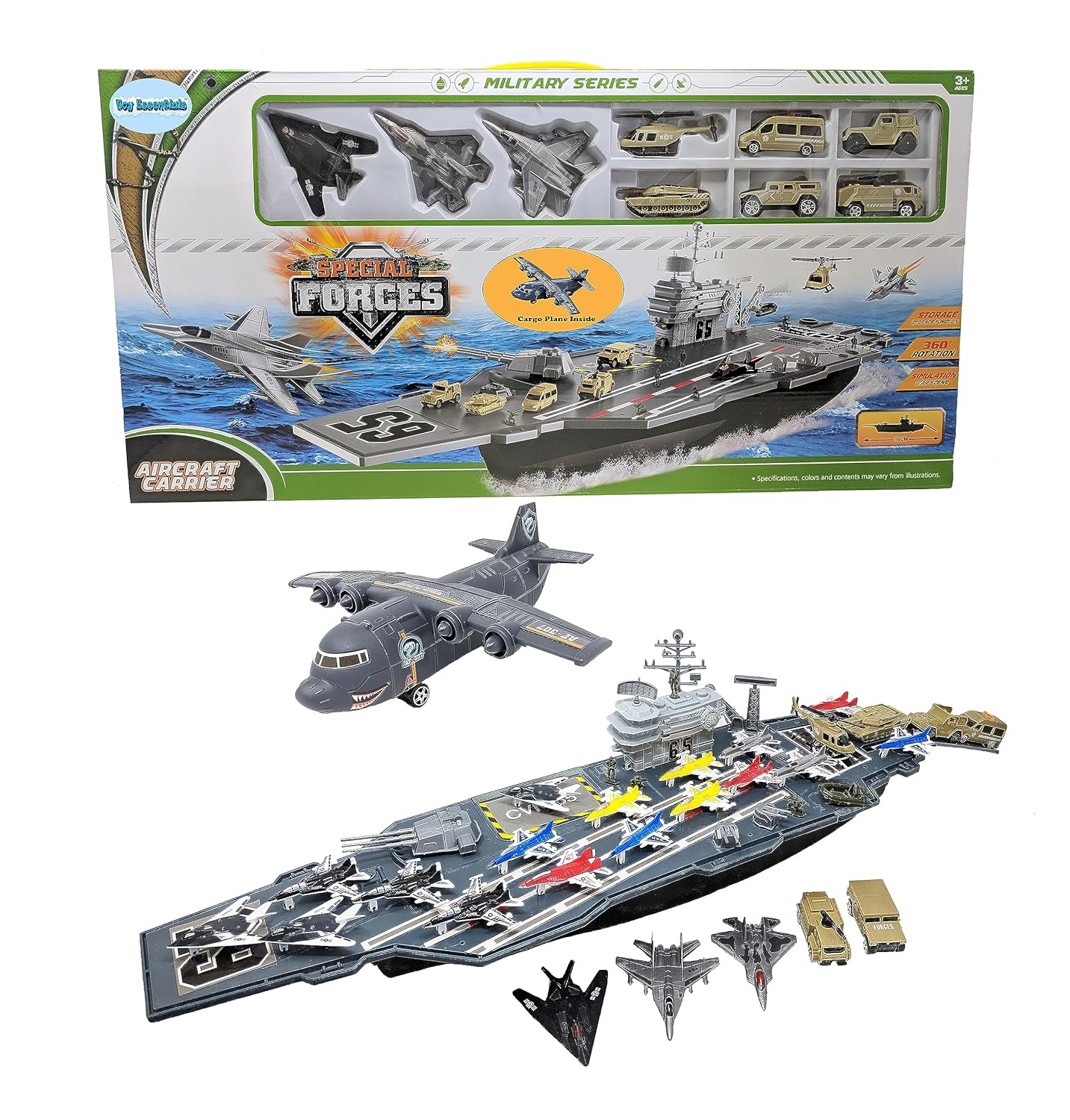 Toy Essentials Aircraft Carrier Toy with Military Vehicles, 3.5 in x 33 in, 3-14 Years