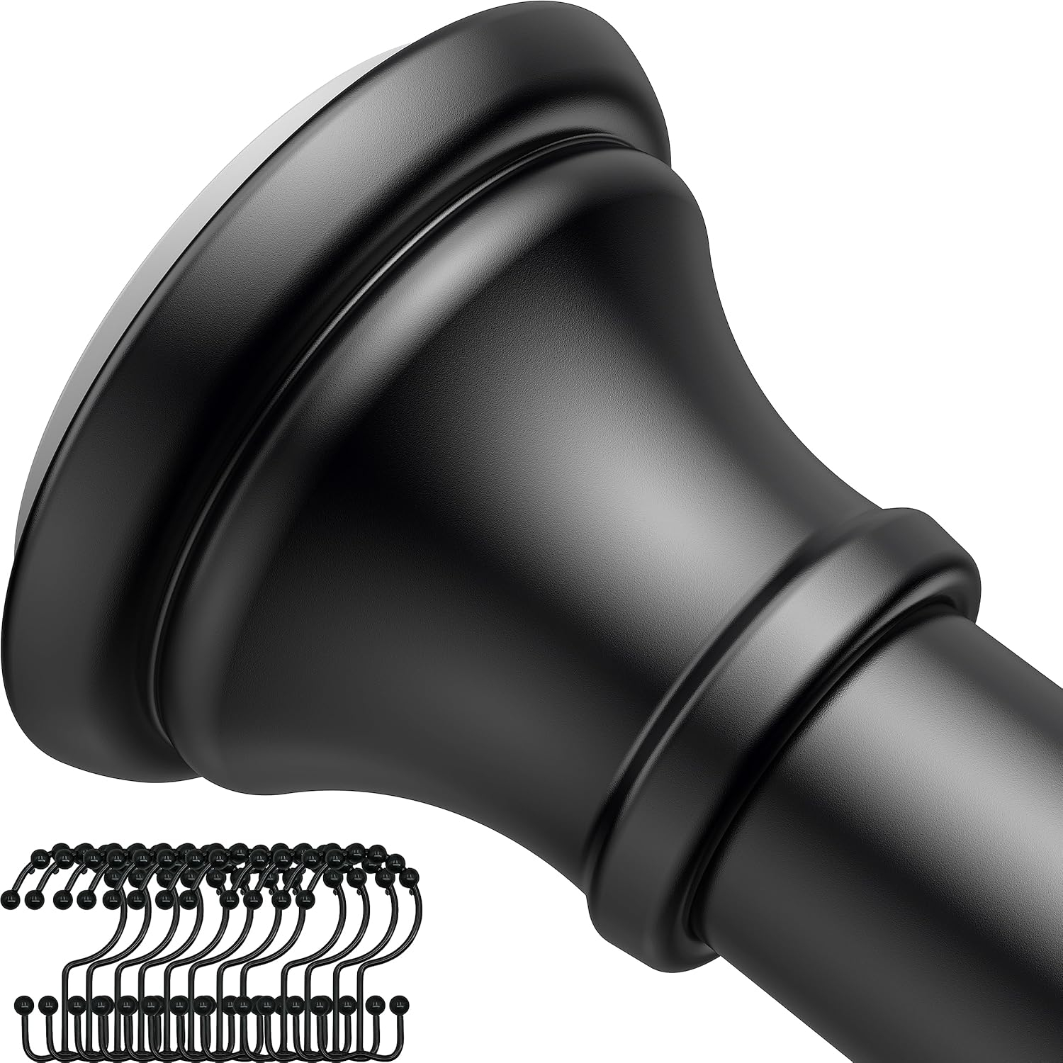 BloomFlower Black Shower Rod with 12 Hooks, 43-72 Inches, Rust Resistance, Adjustable Tension Rod with Durable Spring