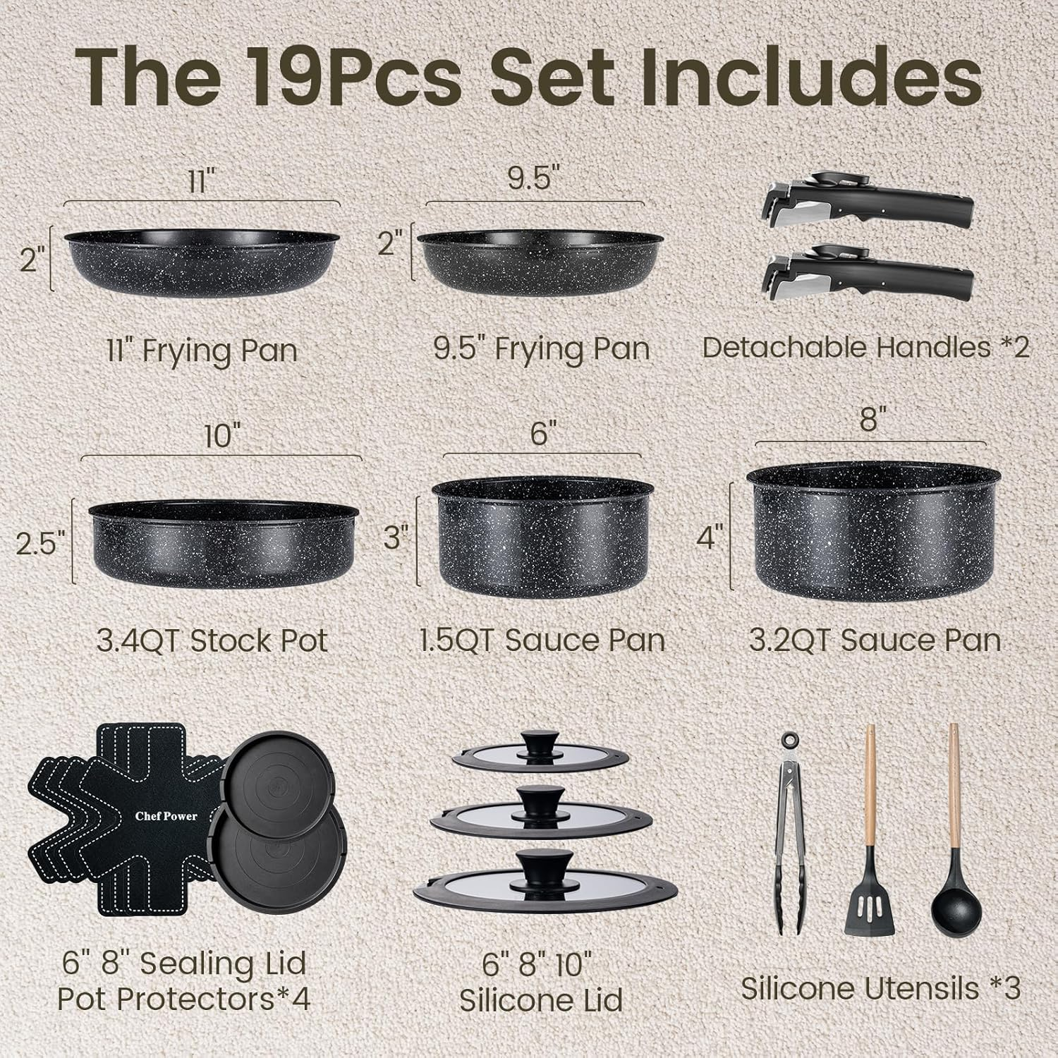 Rock Stone Black 19-Piece Nonstick Stainless Steel Cookware Set