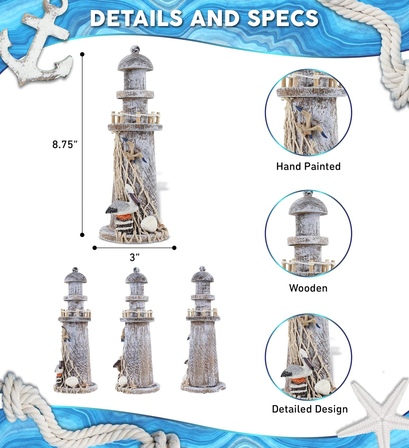 CoTa Global Brown Wooden Lighthouse Decor - Handmade and Crafted Wooden Lighthouse Decoration with Pelican and Fishing Net, Beach Style Tabletop Home Decor - Handmade Color May Vary - 8.75 Inches