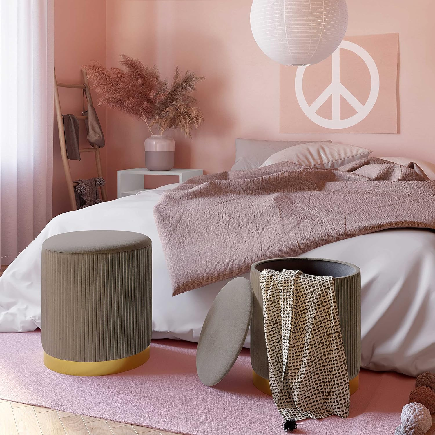 Everly Quinn Round Velvet Storage Ottomans(Set of 2)