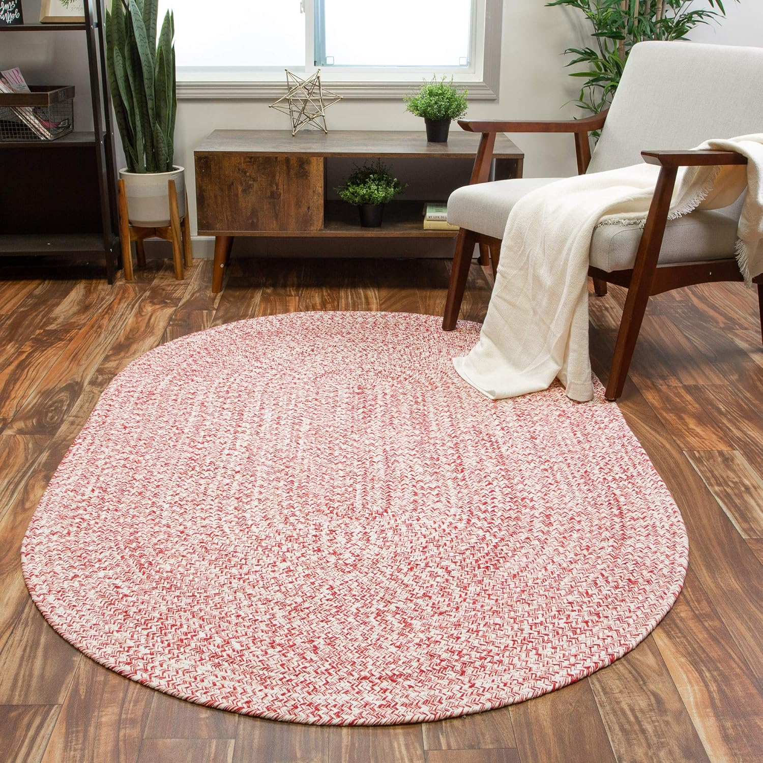Leslie Country Red & White Area Rug Oval 8' x 10' Oval