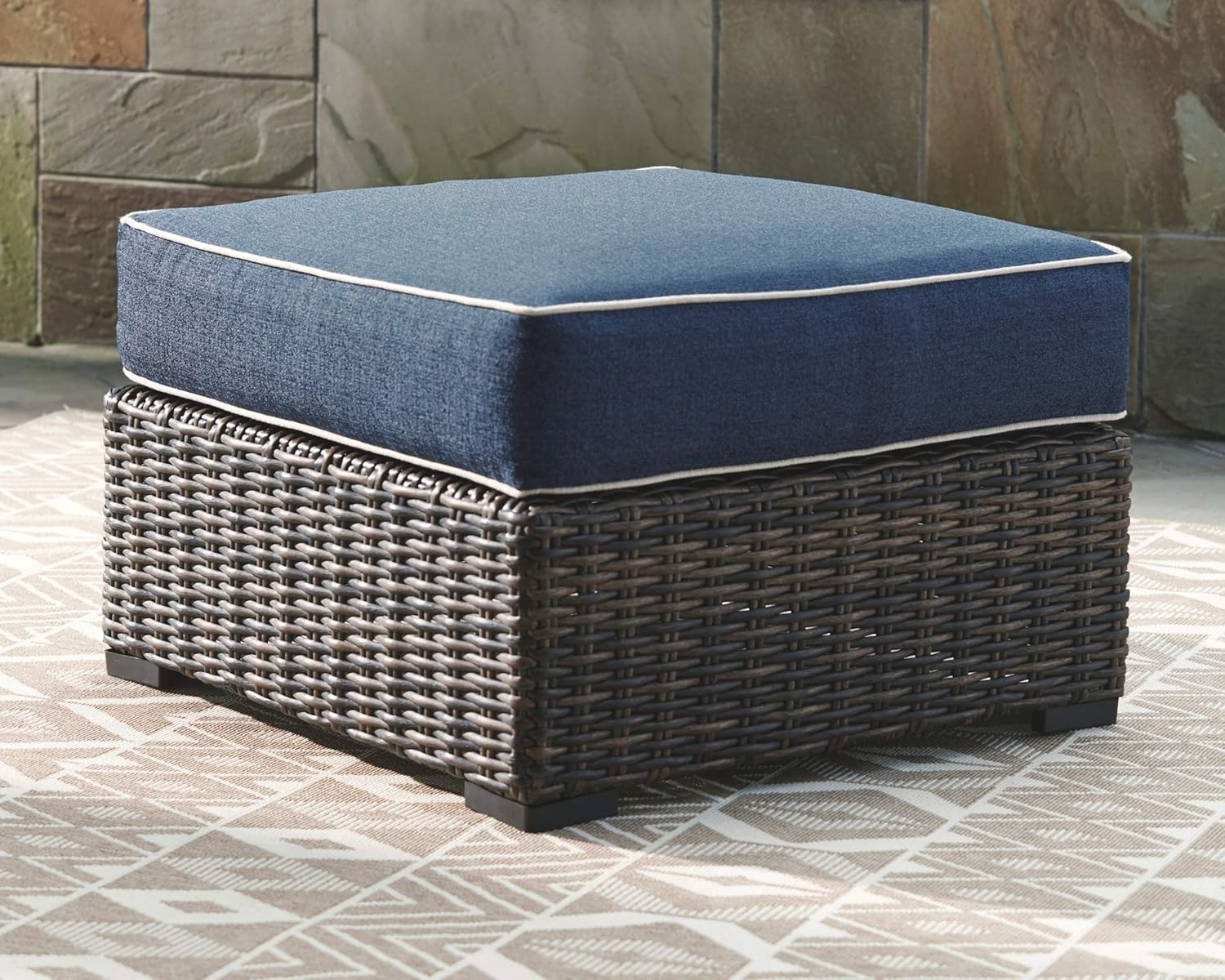 Transitional Blue 28'' All-Weather Wicker Outdoor Ottoman