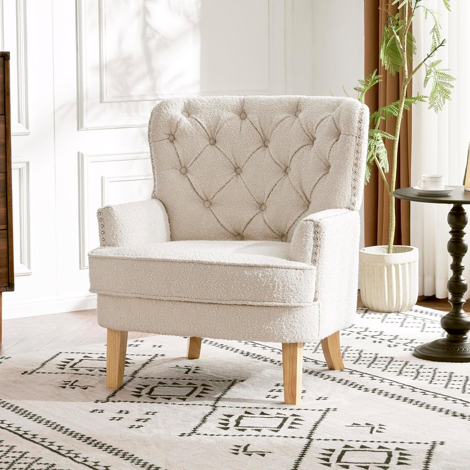 Handcrafted White Boucle Barrel Accent Chair with Oak Legs