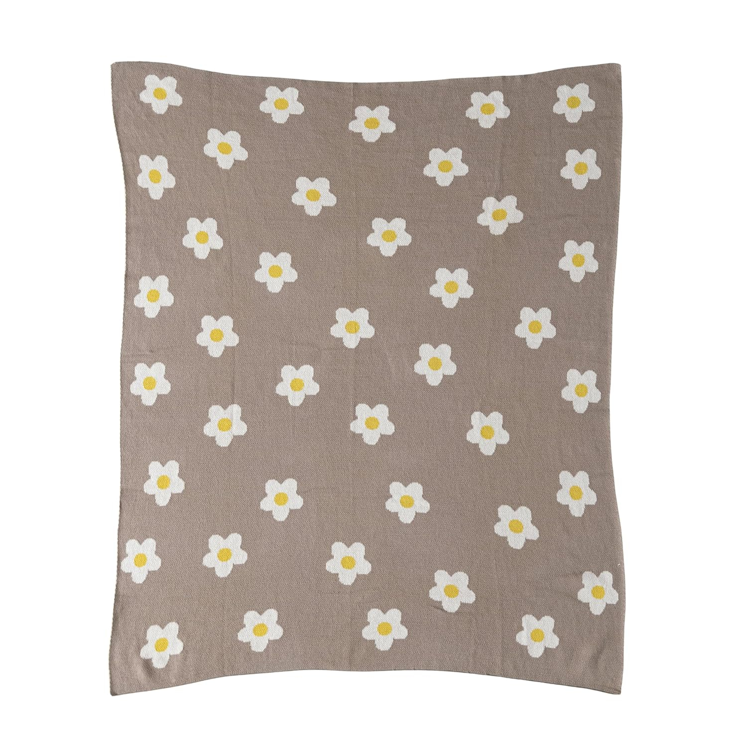 Creative Co-Op Cotton Knit Baby Blanket with Printed Flowers, Brown and White