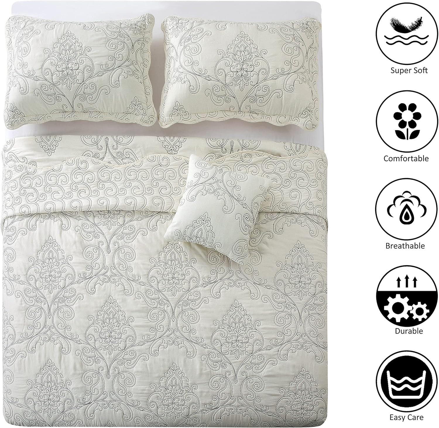 Home Soft Things 4-Piece Reversible Damask Embroidery Bedspread Set, Antique White, Oversized Queen 110"x120"
