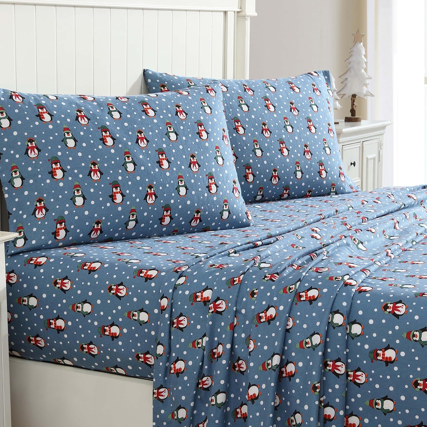 Winter Nights Cotton Flannel Sheet Set, Queen, Penguins