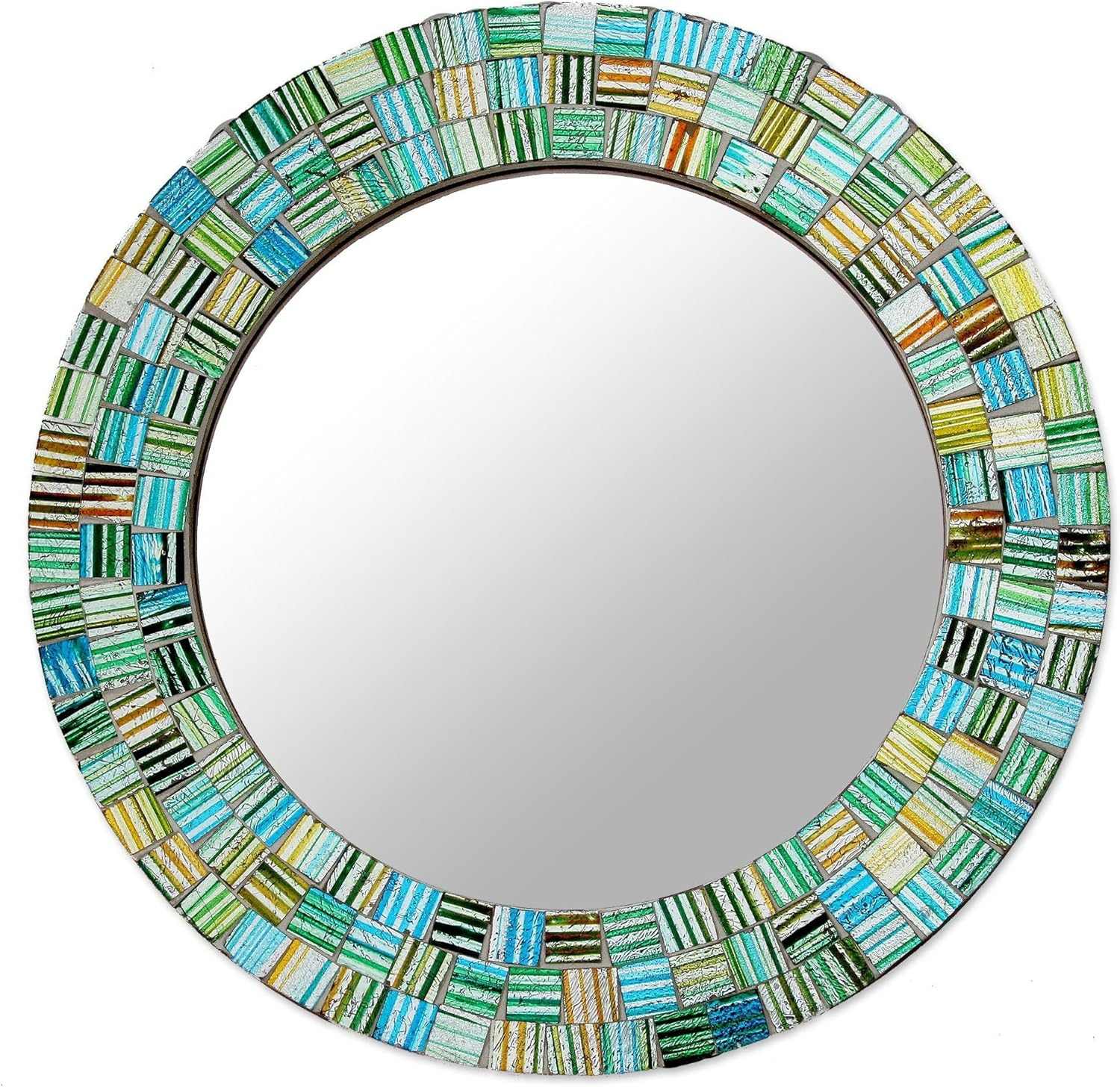 Aqua Trellis Round Wood Framed Mosaic Wall Mirror
