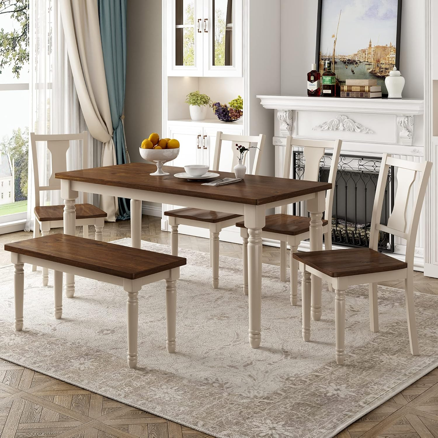 Classic 6-Piece Dining Set with Wooden Table and 4 Chairs,Rubber Wood Structure W/One 2-Person Bench,for Living Room Dining Room,Brown+Cottage White