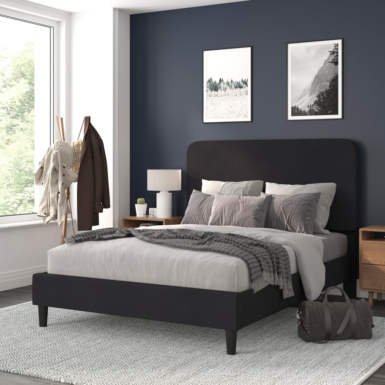 Flash Furniture Addison Charcoal Queen Fabric Upholstered Platform Bed - Headboard with Rounded Edges - No Box Spring or Foundation Needed
