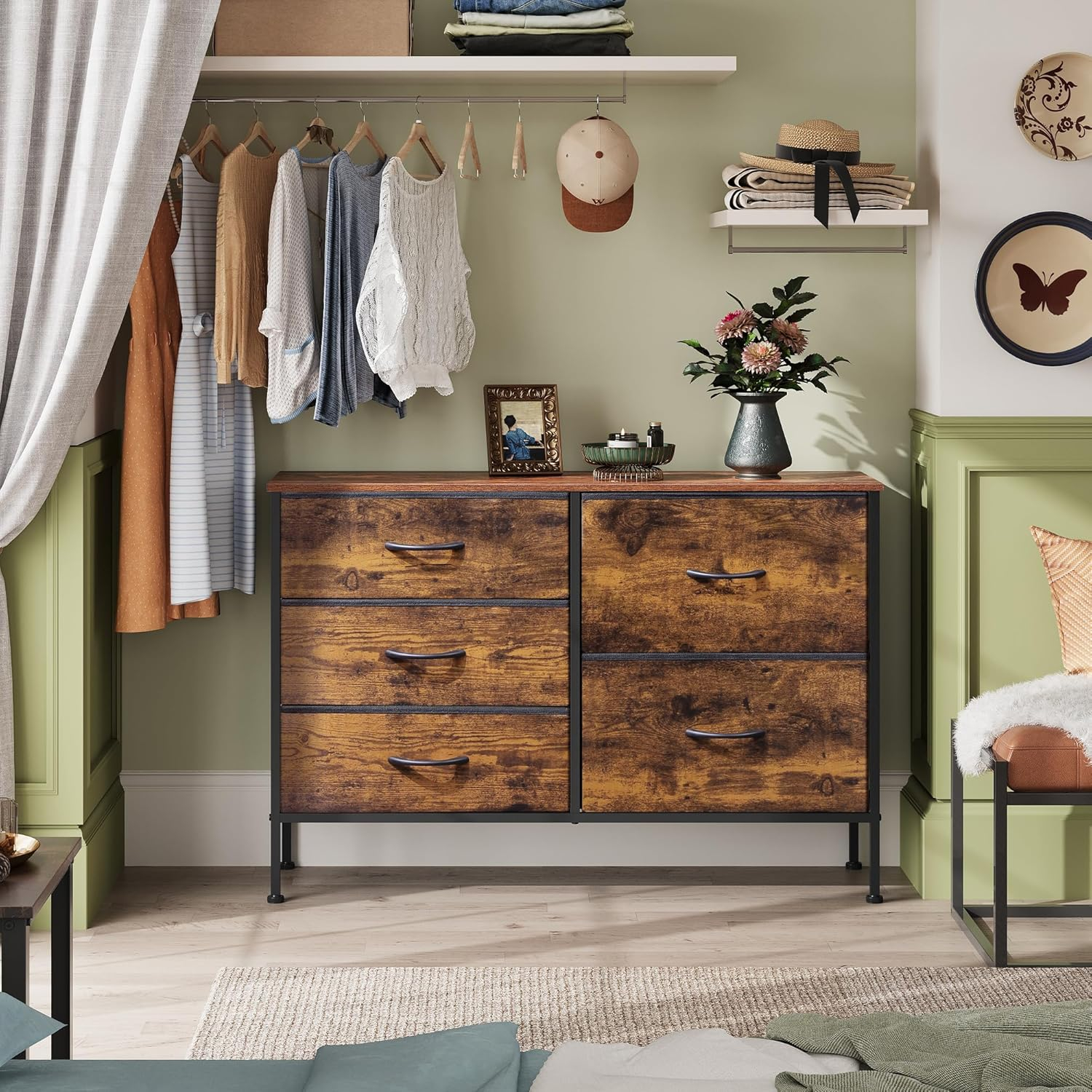 WLIVE Dresser for Bedroom with 5 Drawers, Wide Chest of Drawers for Bedroom, Fabric Dresser for Living Room, Closet, Hallway, Rustic Brown Wood Grain Print