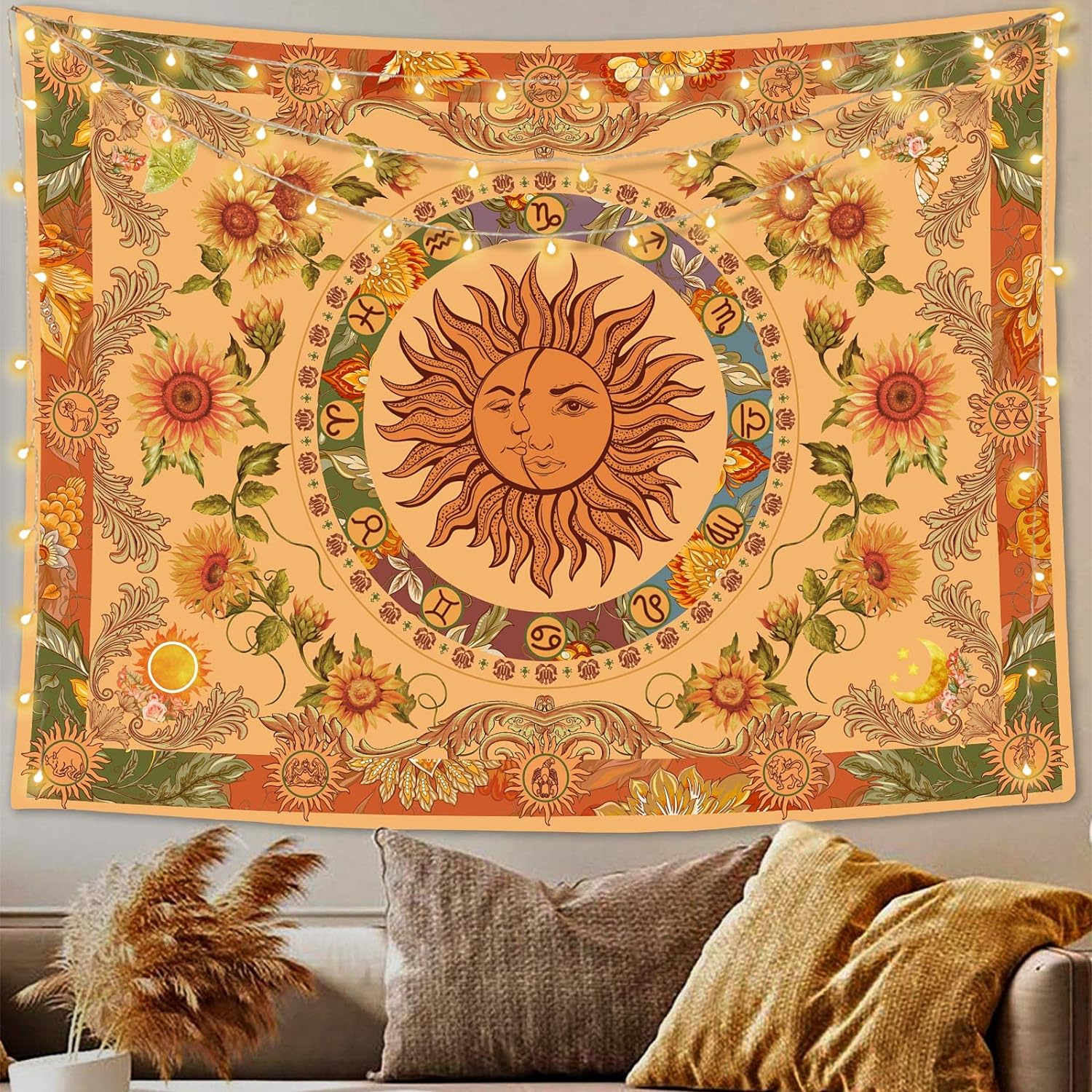 Accnicc Yellow Sun and Moon Tapestry Vintage Indie Boho Tapestry Wall Hanging with Sunflowers Butterfly Moth Constellation Aesthetic Wall Tapestries for Bedroom Dorm Living Room (Orange, 48'' × 36'')