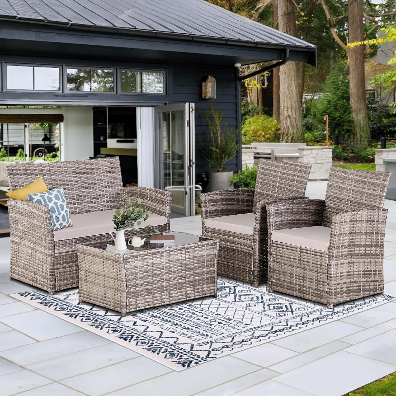 4 Piece Patio Furniture Set,Outdoor Wicker Conversation Sets,Rattan Sectional Sofa w/Coffee Table,Seat Cushions for Backyard Porch Garden Poolside (Gray/Gray)