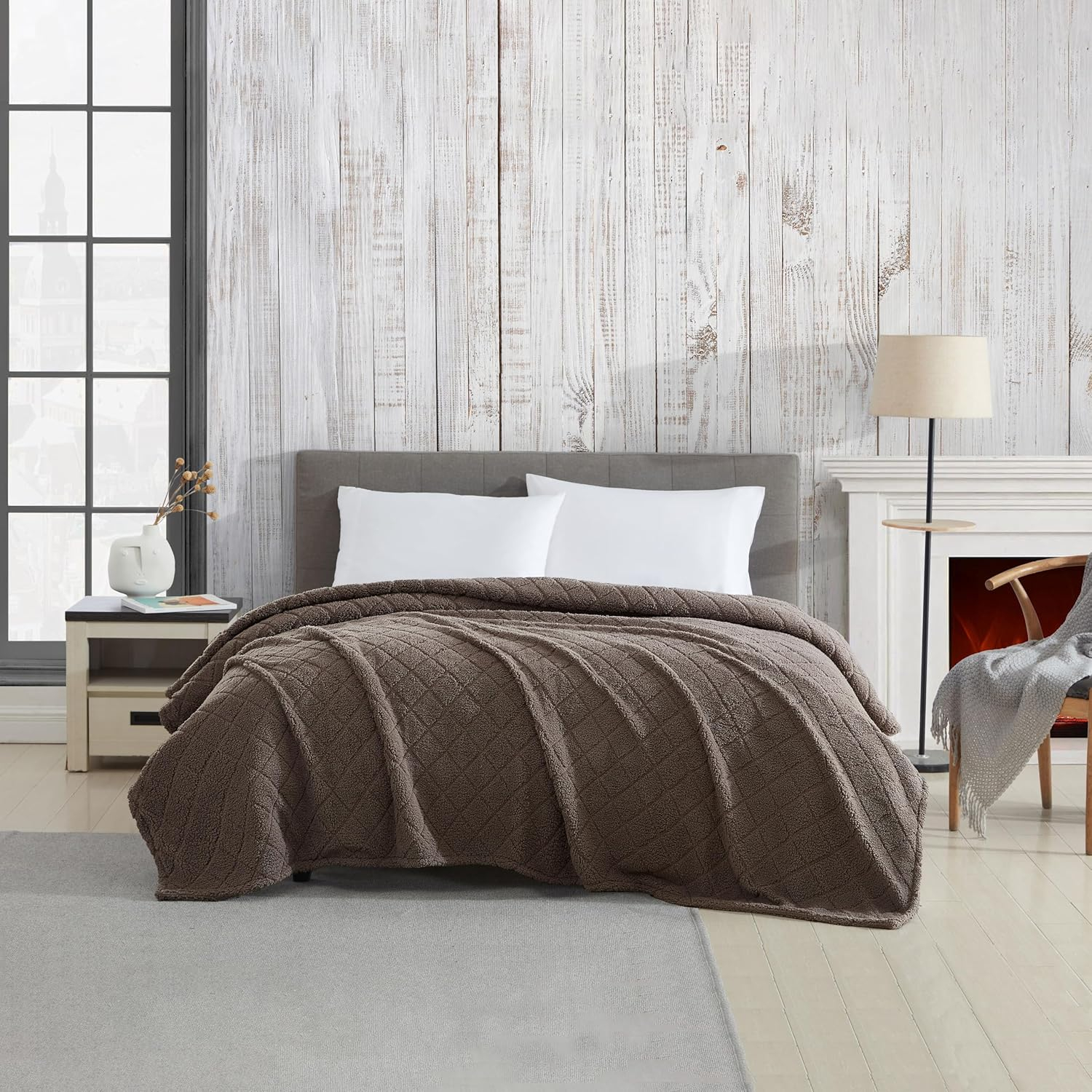 Cathay Home Coleman Oversize Diamond Quilted Teddy Sherpa Fleece Throw Blanket/Bedspread - Home, Sofa, Couch, Outdoor, Travel, Stadium, Sports, Camping, Hiking - Charcoal Brown, Full/Queen (90"x90")