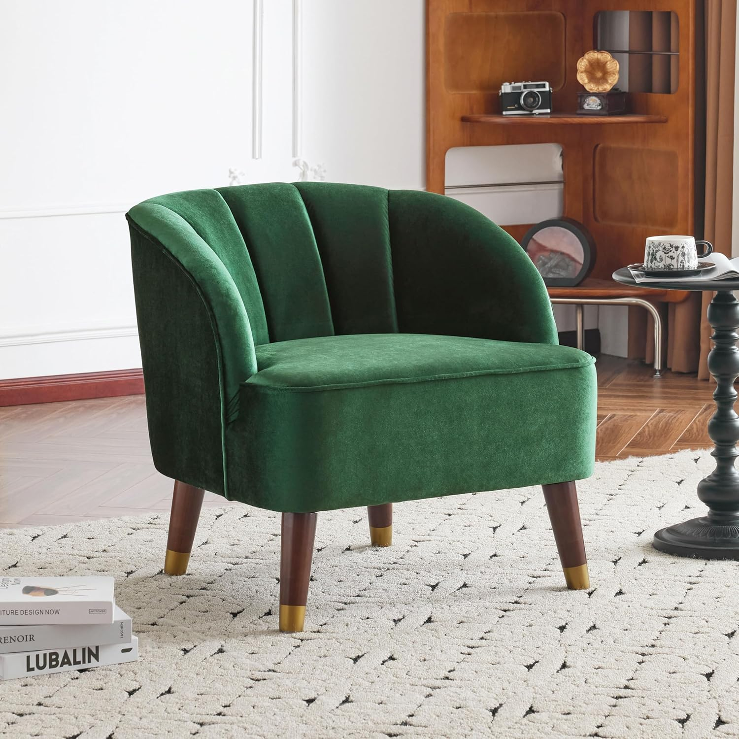 Christopher Knight Home Velvet Club Chair for Living Room, Upholstered Accent Chair, Reading Armchair with Wood Legs Barrel Chair Single Sofa for Bedroom Home Bars, Vintage Emerald 28.25" x 28" x 28"