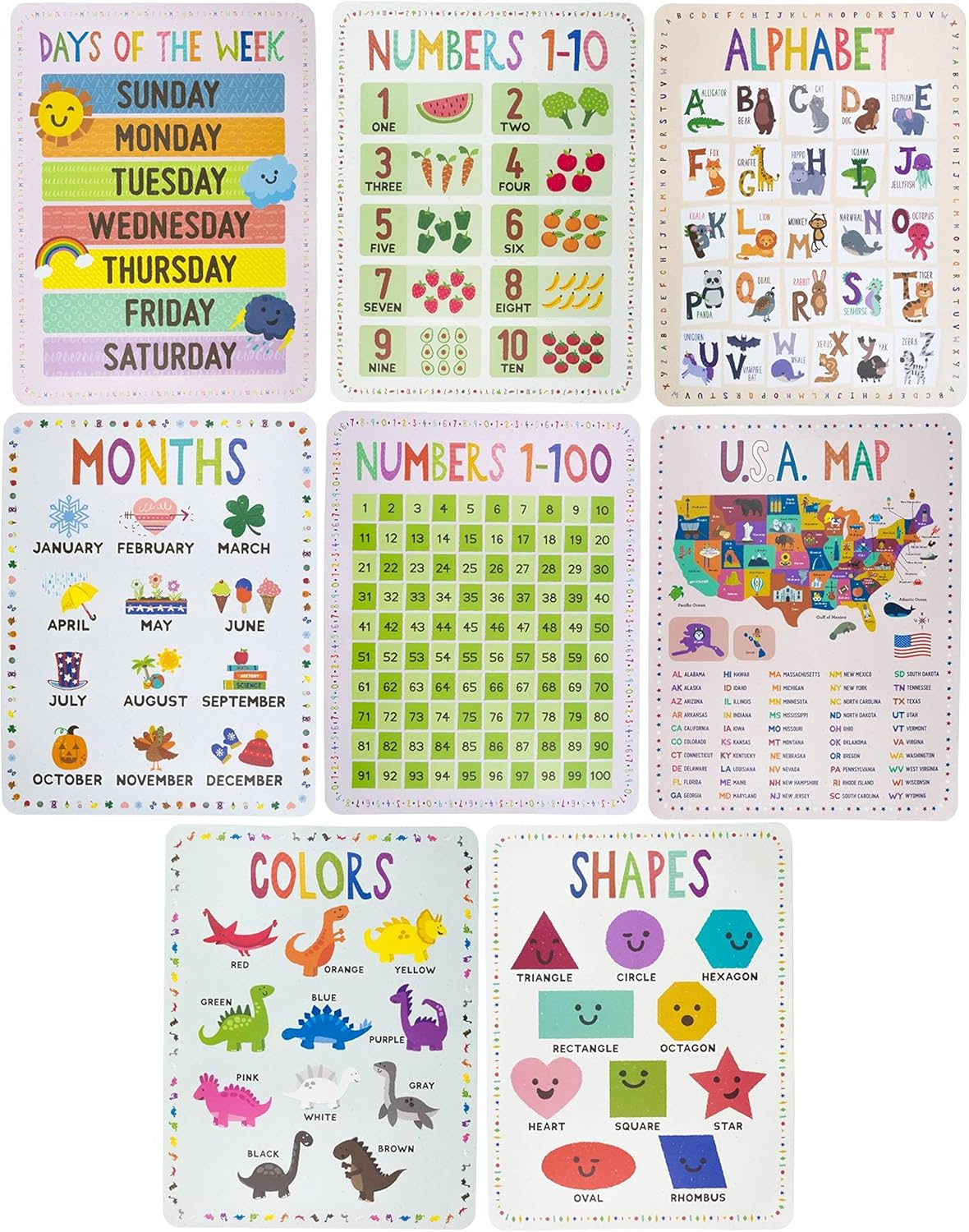 8-Pack Reversible Classroom Wall Posters 22" x 17" - Learn The Alphabet, Colors, Days, Months, Numbers, Shapes, & USA Map - Educational Posters by Pint-Size Scholars