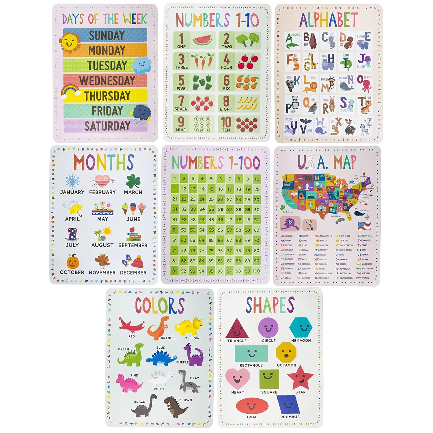 8-Pack Reversible Classroom Wall Posters 22" x 17" - Learn The Alphabet, Colors, Days, Months, Numbers, Shapes, & USA Map - Educational Posters by Pint-Size Scholars
